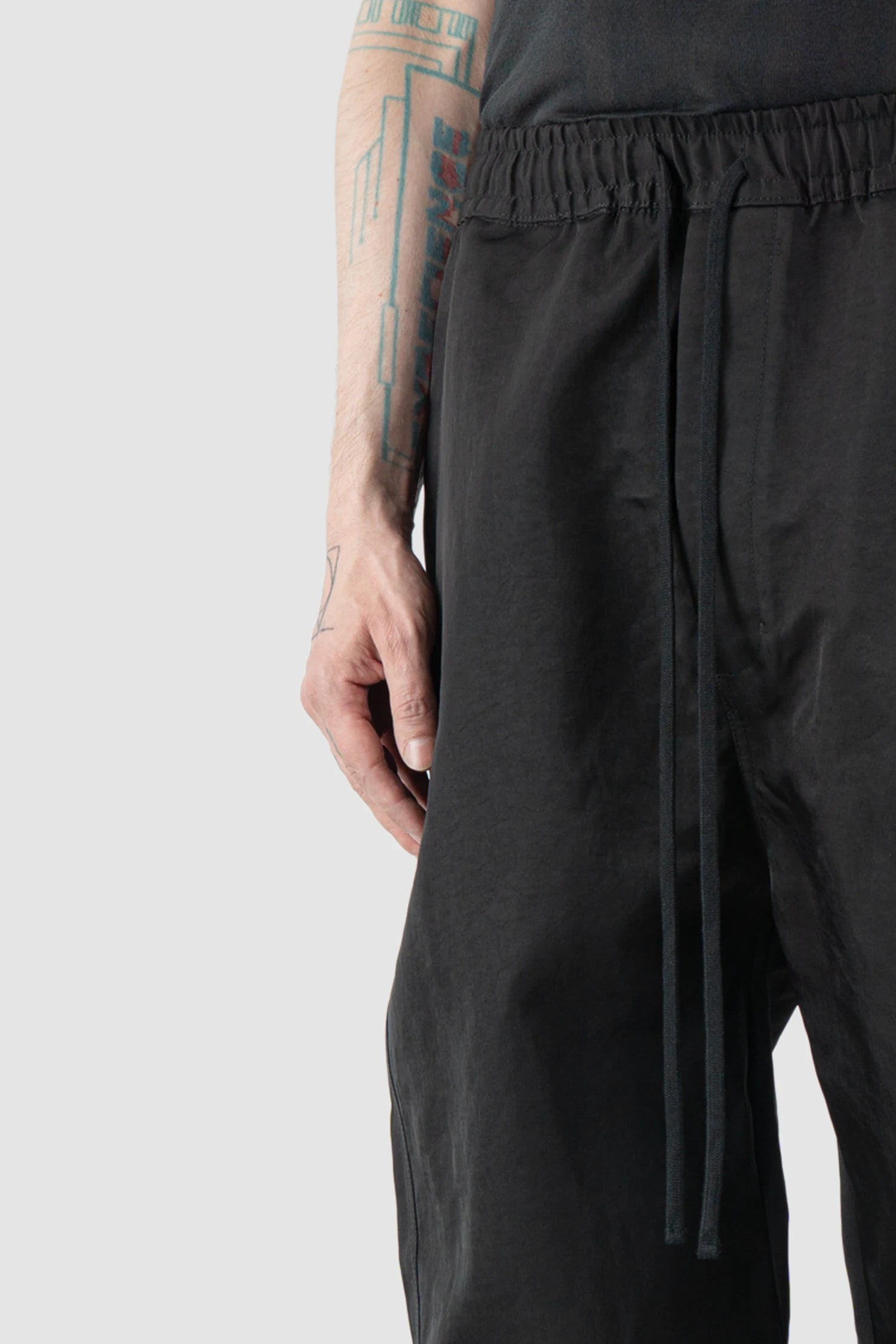 Thom Krom – Men's Black Tech Woven Wide Leg Trousers - waist detail view