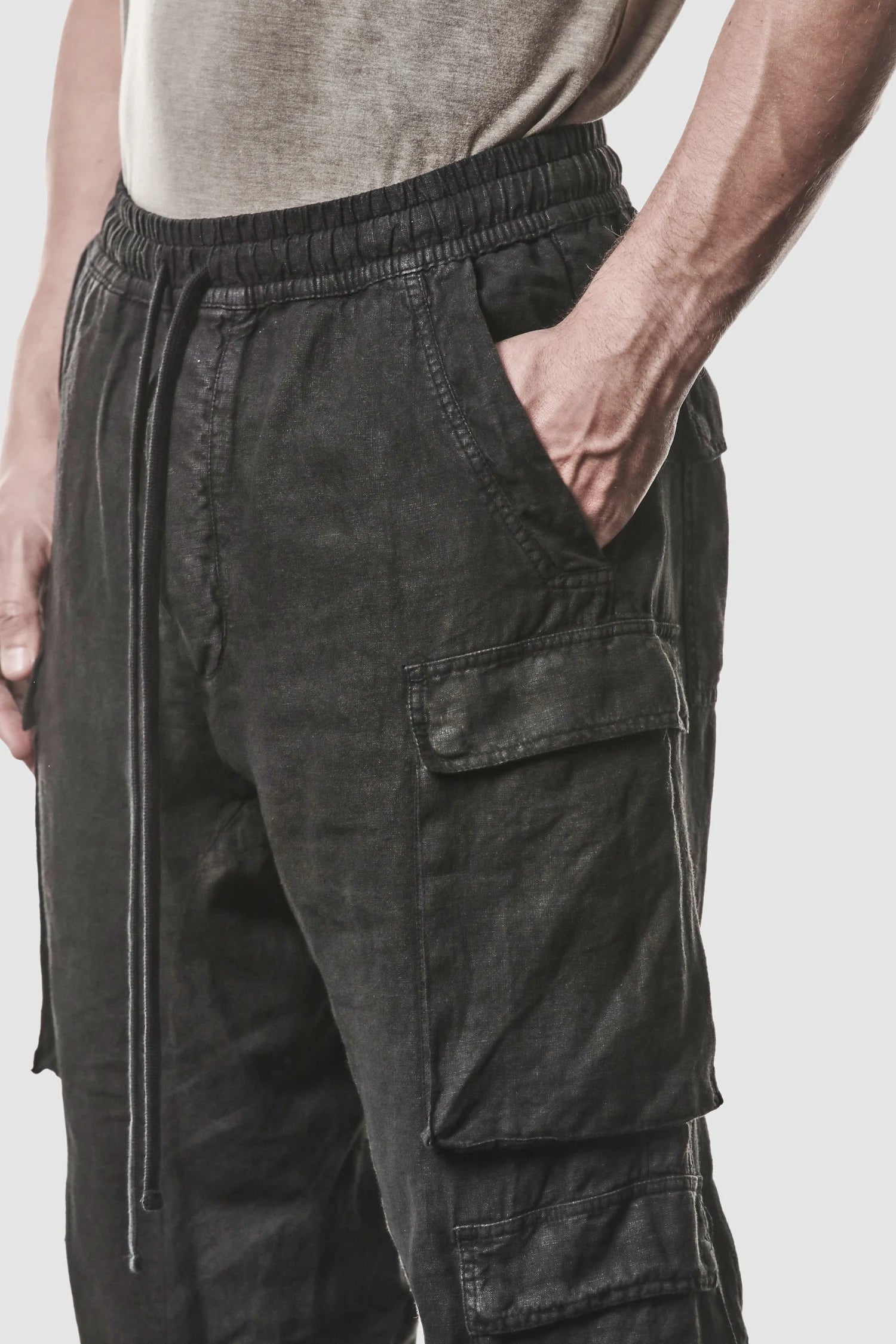 Schwarze Gewebte Leinen-Cargo-Joggerhose