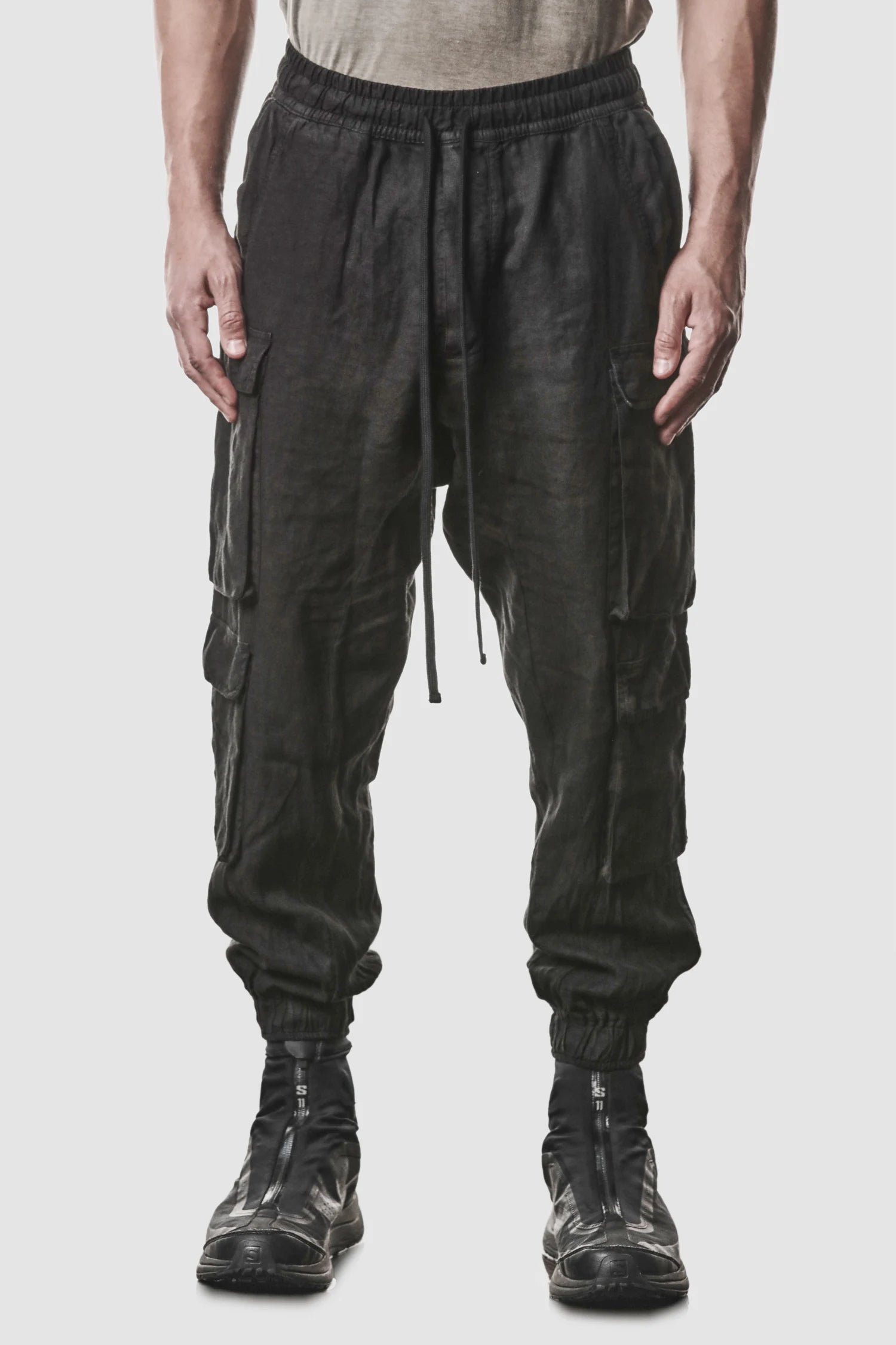 Schwarze Gewebte Leinen-Cargo-Joggerhose