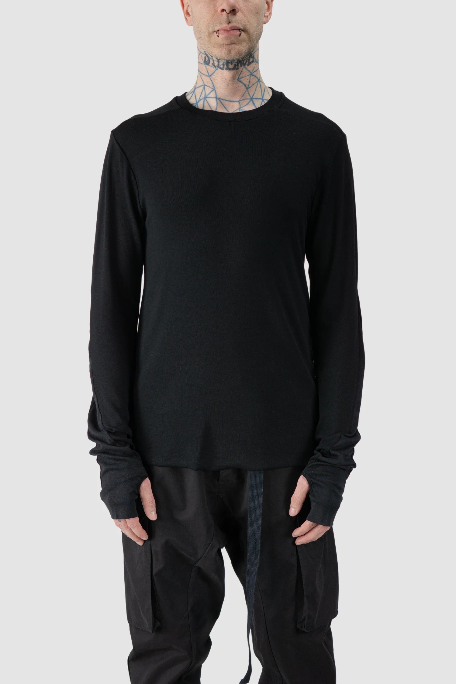 Thom Krom - model front view of men’s Black Viscose Mix Longsleeve Shirt M-TS-889
