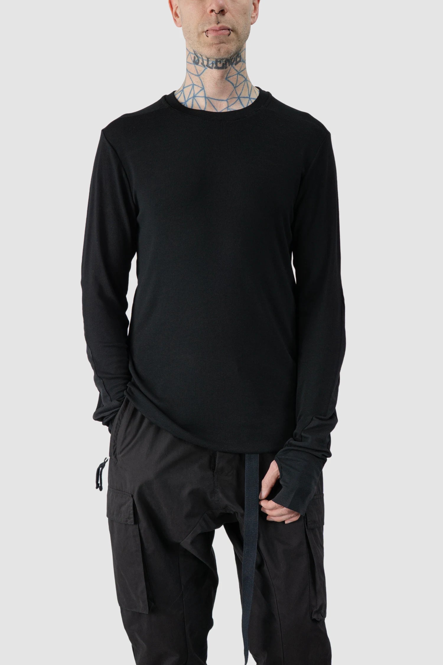 Thom Krom - model relaxed view of men’s Black Viscose Mix Longsleeve Shirt M-TS-889