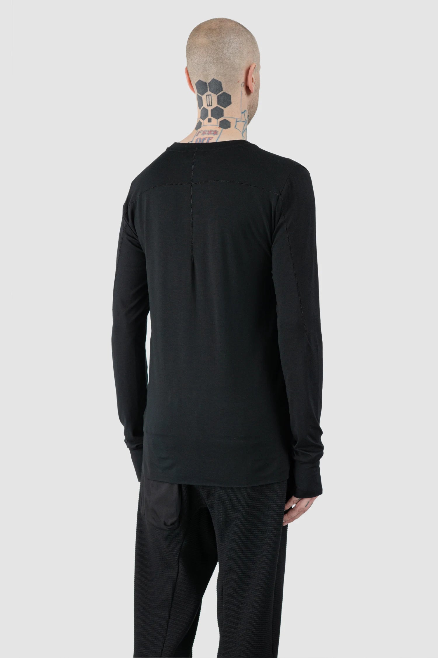 Thom Krom – Men's Black Viscose Round Neck Long Sleeve - model back side view
