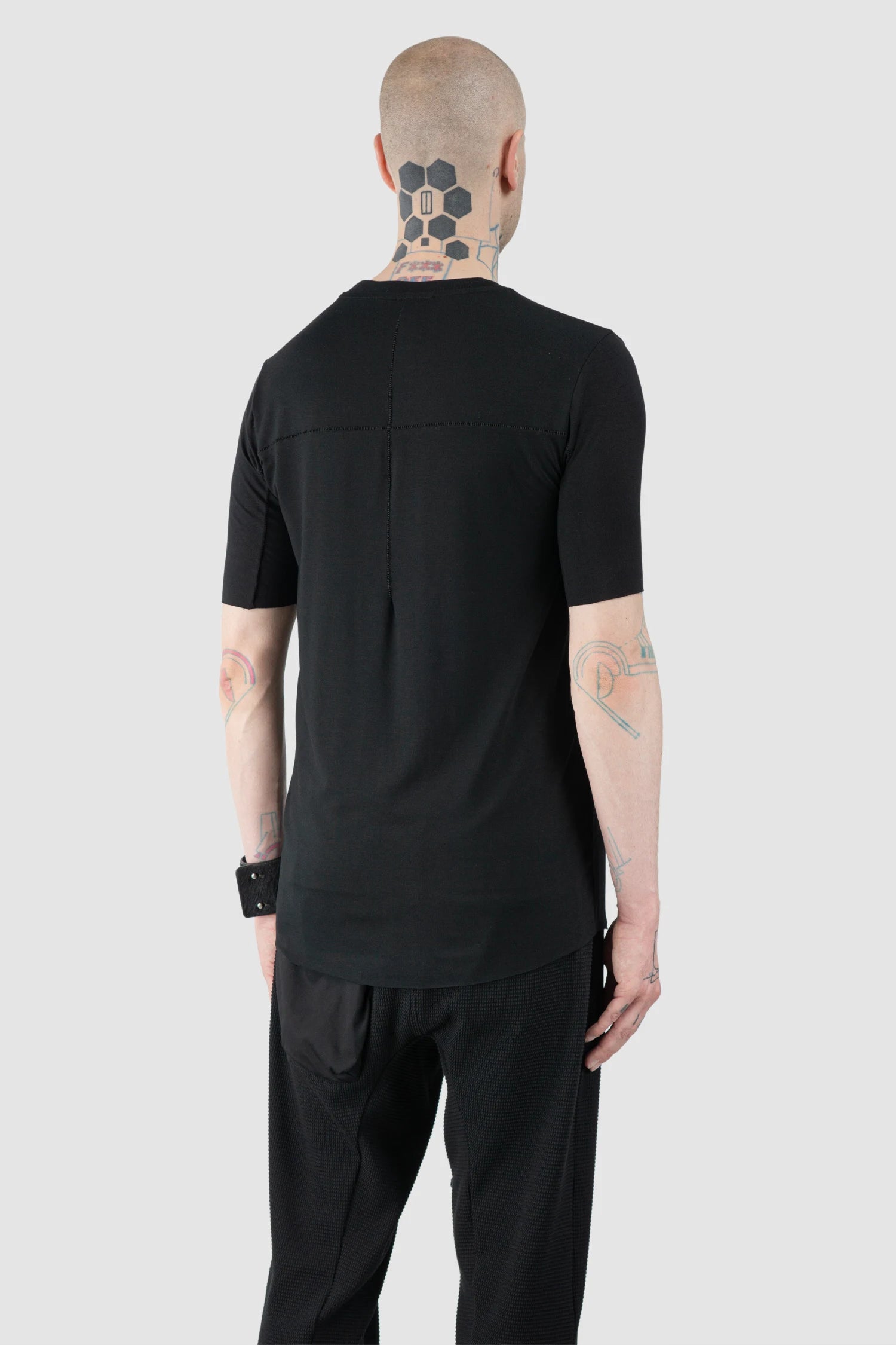 Thom Krom – Men's Black Viscose Scar Stitch T-Shirt - model back side view