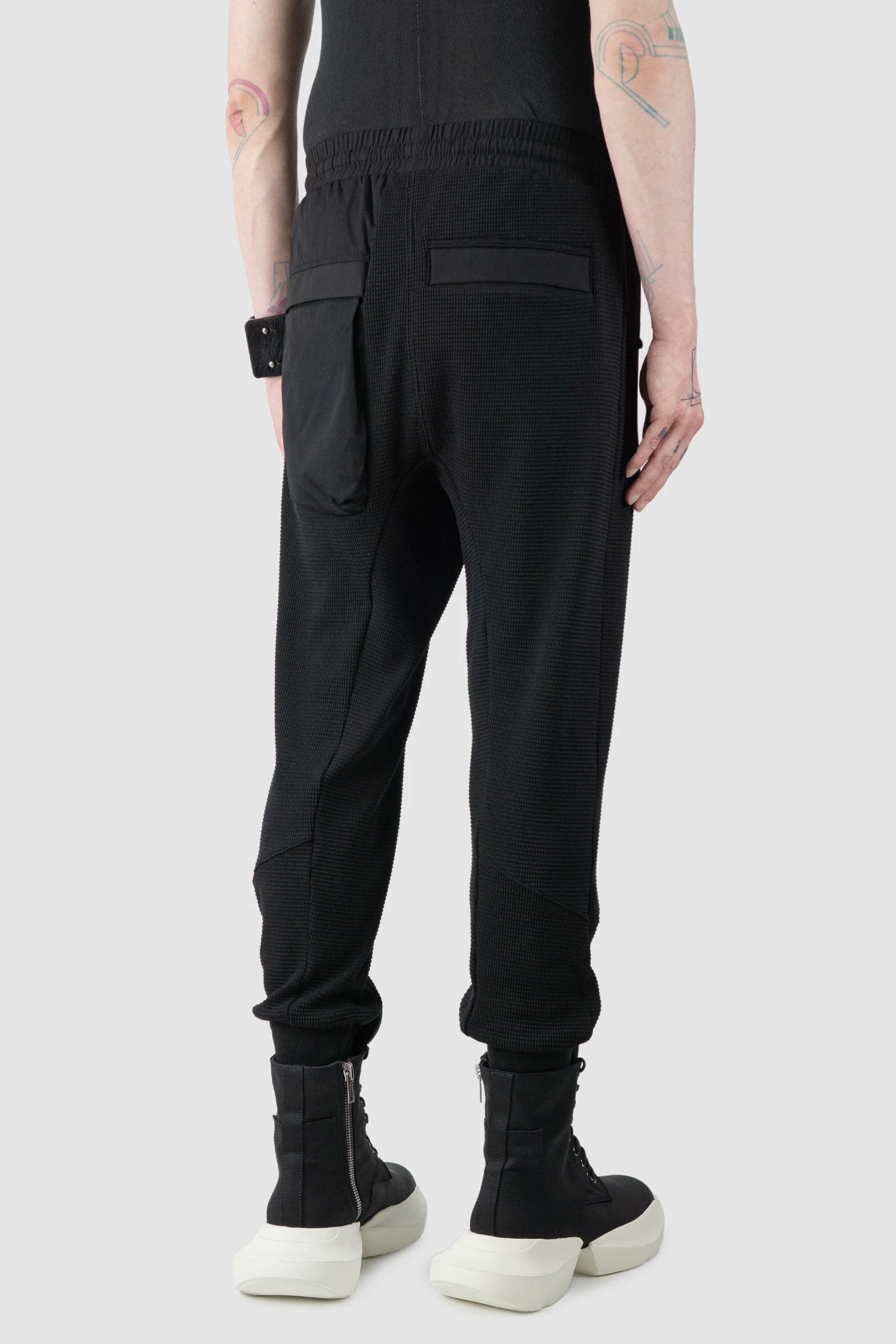 Thom Krom – Men's Black Waffle Cotton Cargo Trousers - model back side view