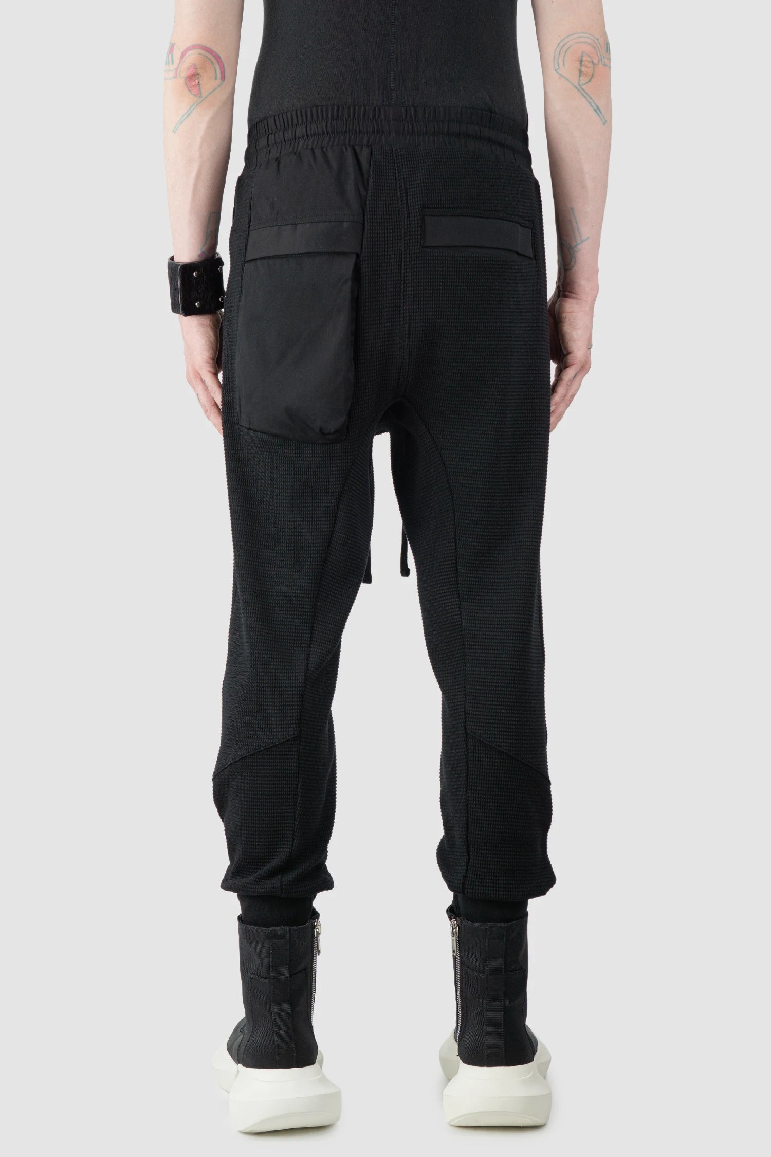 Thom Krom – Men's Black Waffle Cotton Cargo Trousers - model back view
