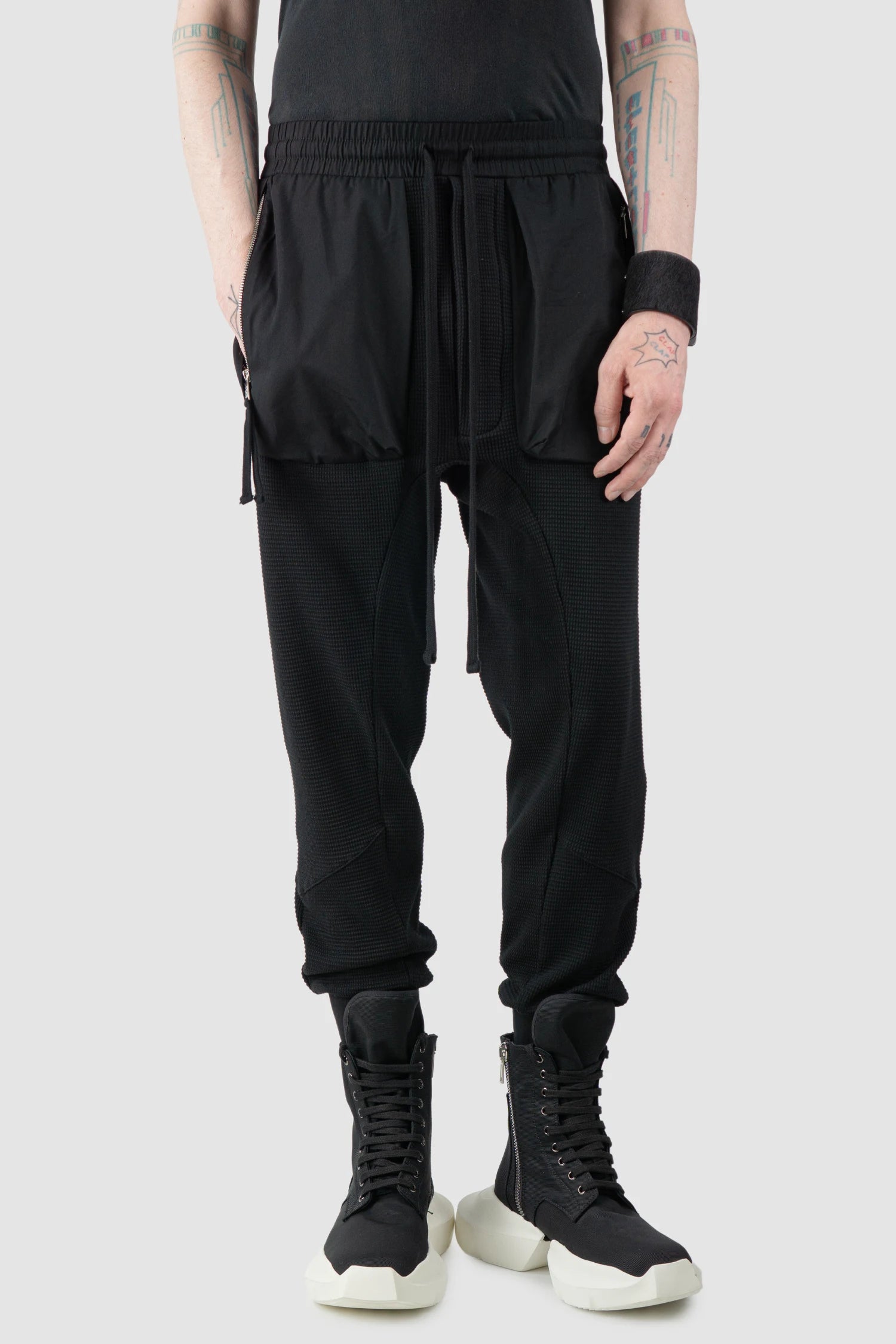 Thom Krom – Men's Black Waffle Cotton Cargo Trousers - model relaxed view