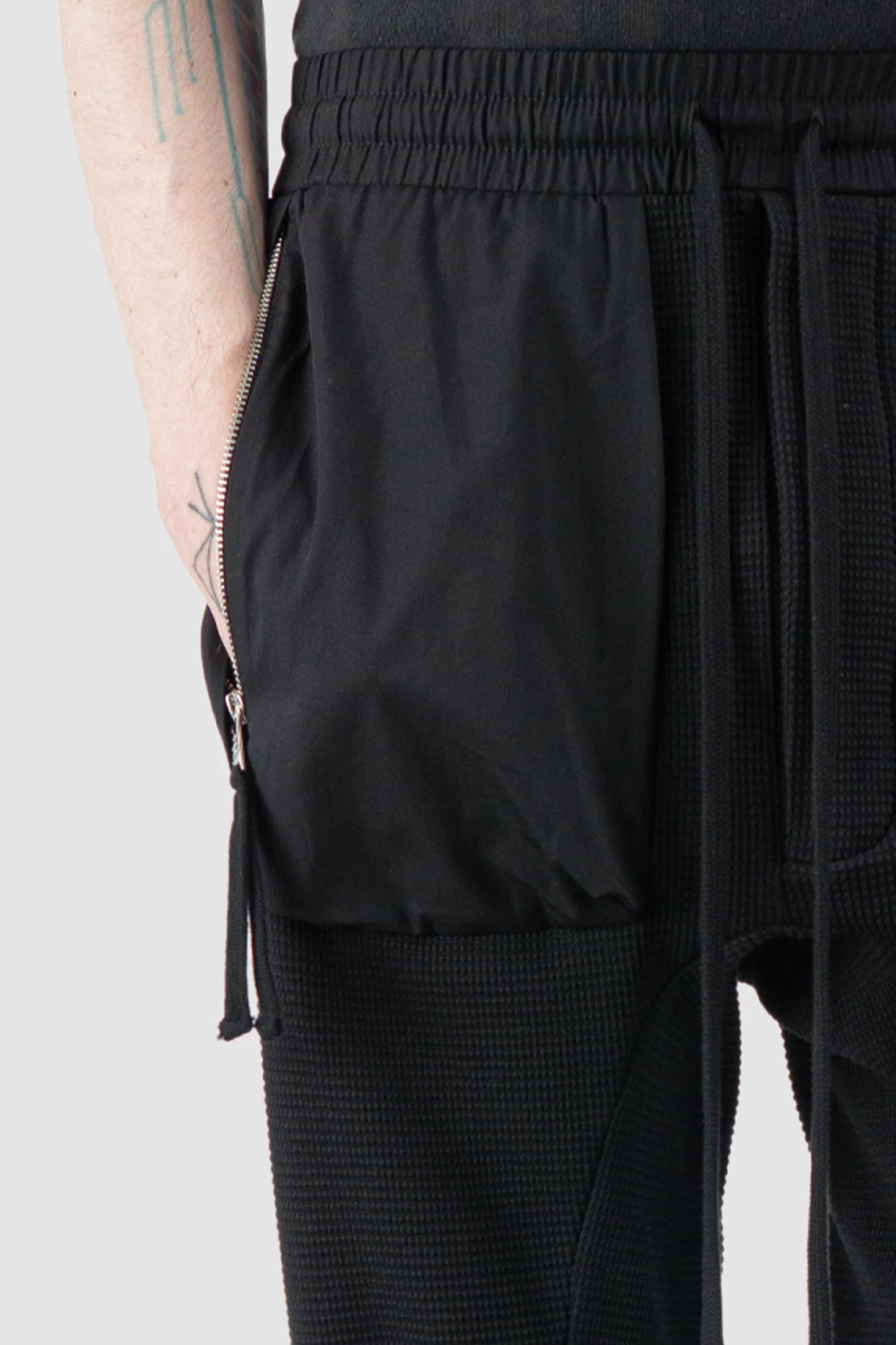 Thom Krom – Men's Black Waffle Cotton Cargo Trousers - pocket detail view