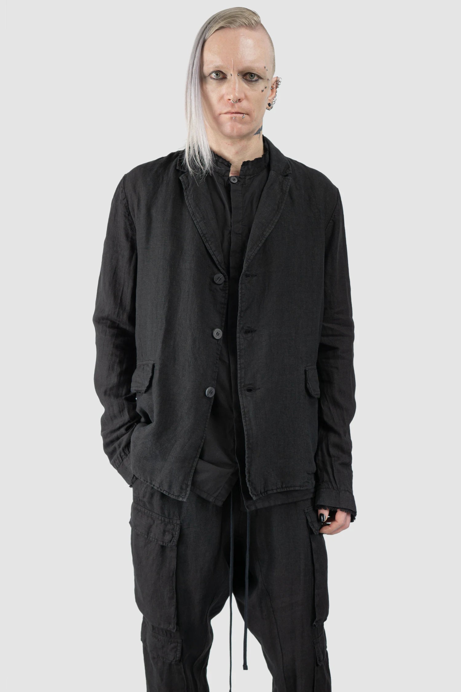 Black Woven Linen Blazer Jacket