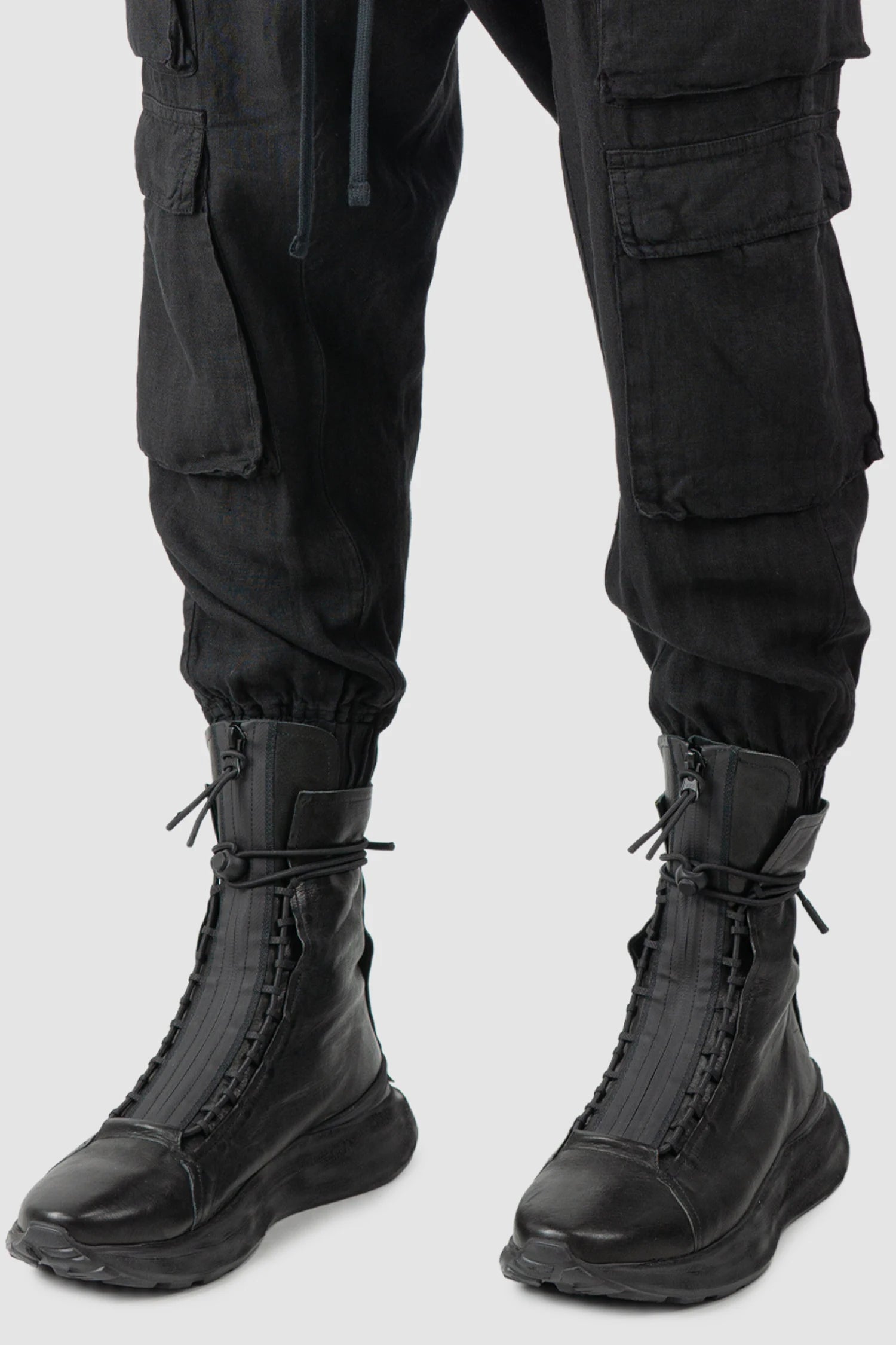 Black Woven Linen Cargo Jogger Trousers