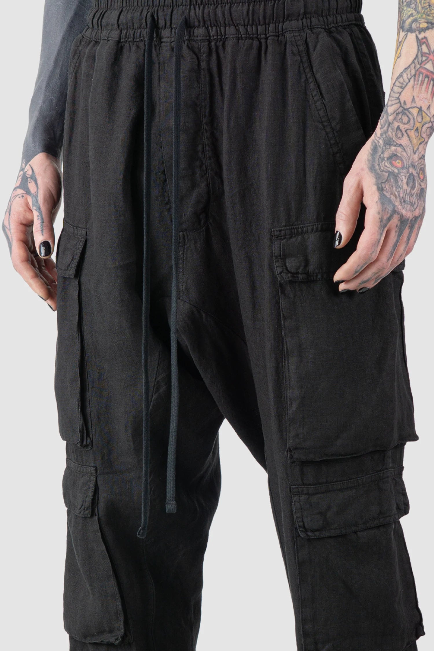 Black Woven Linen Cargo Jogger Trousers