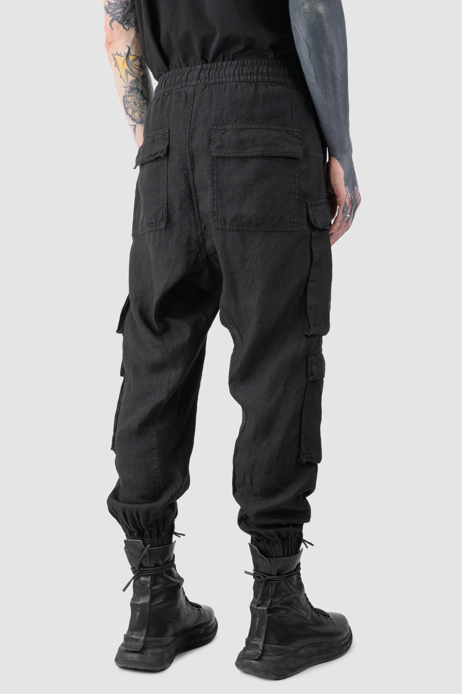 Black Woven Linen Cargo Jogger Trousers