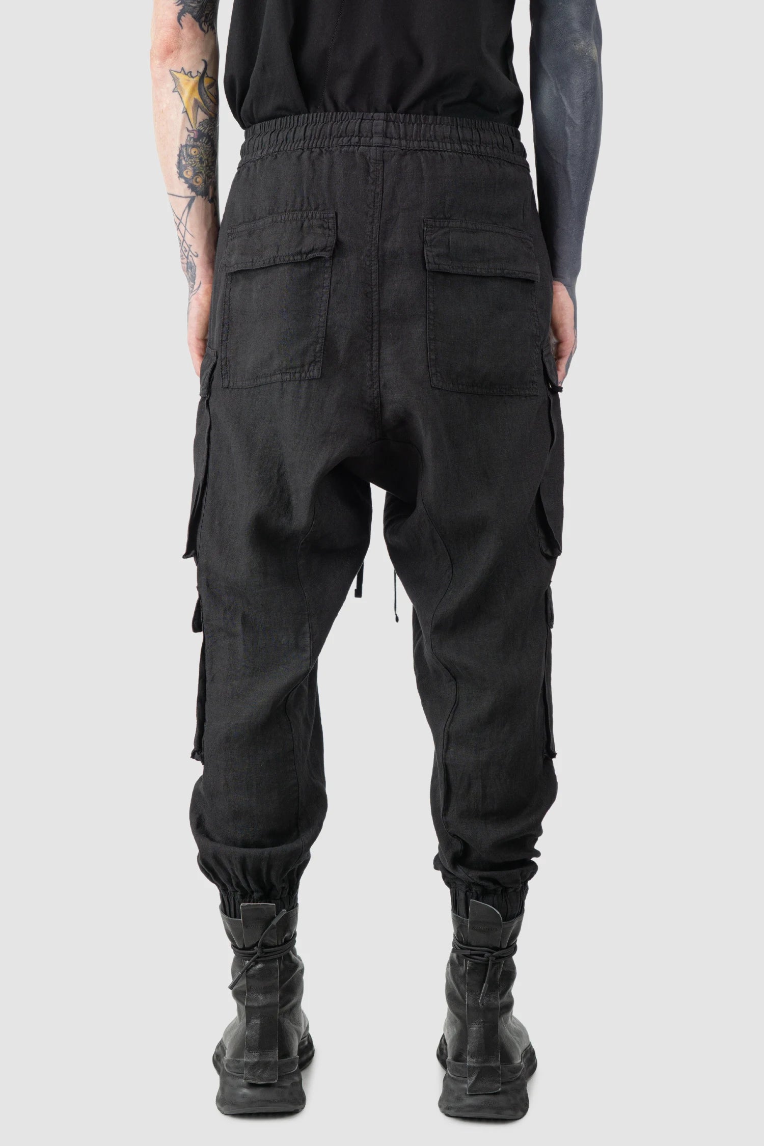 Black Woven Linen Cargo Jogger Trousers