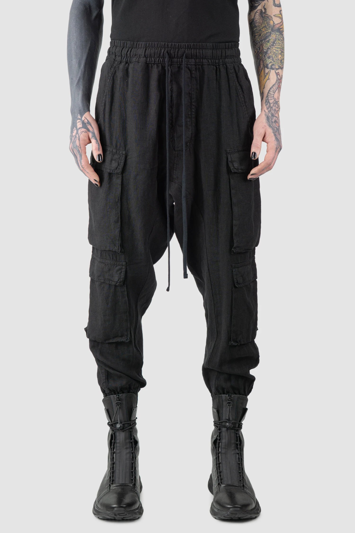 Black Woven Linen Cargo Jogger Trousers