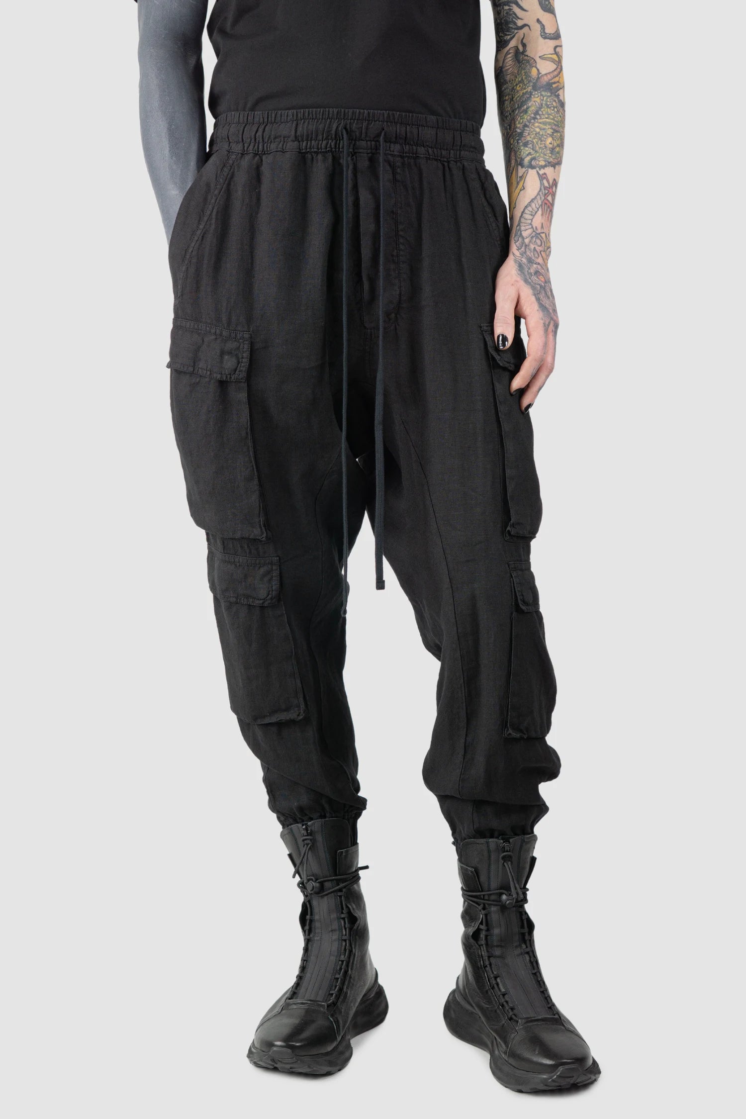 Black Woven Linen Cargo Jogger Trousers