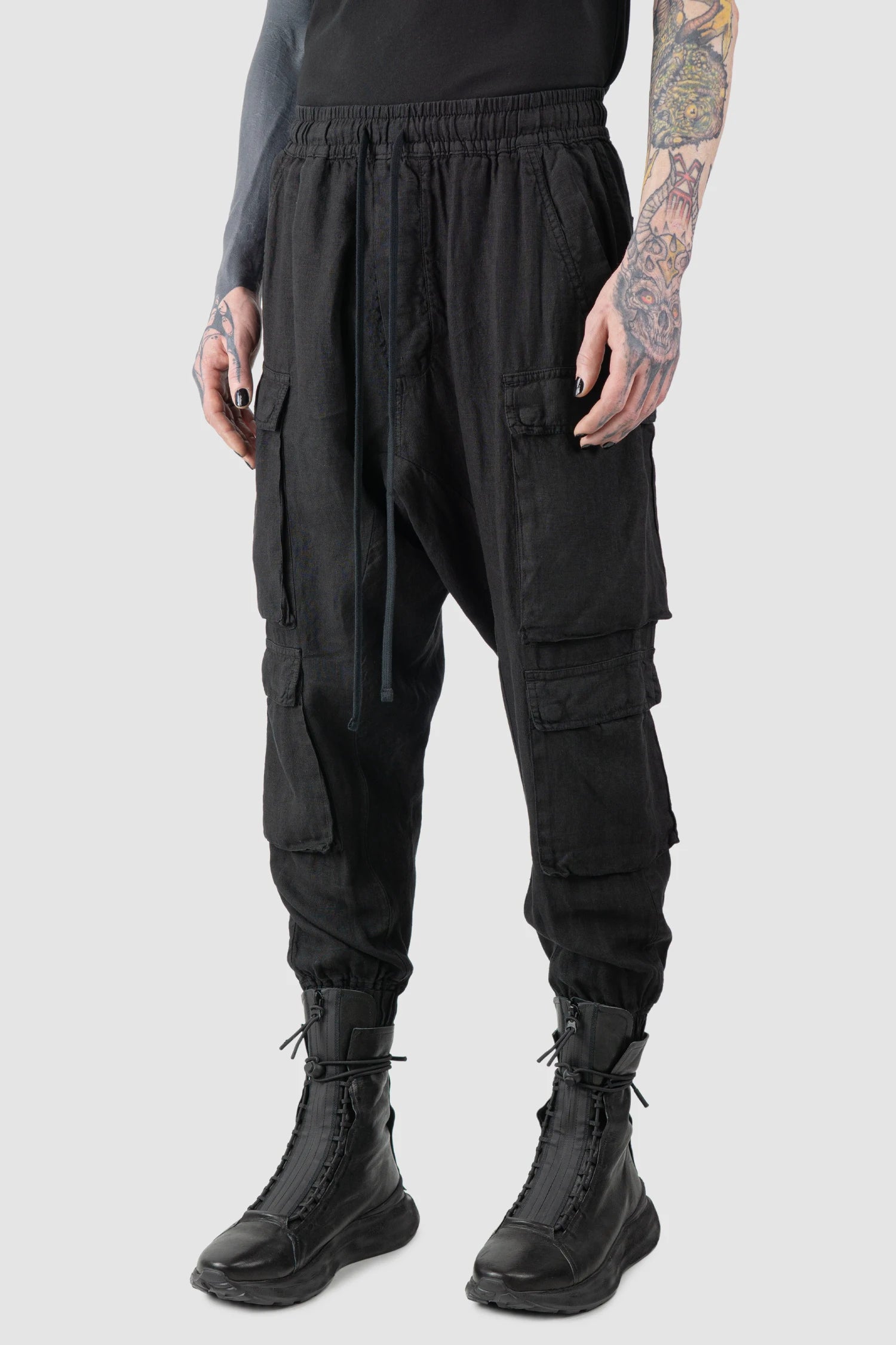Black Woven Linen Cargo Jogger Trousers