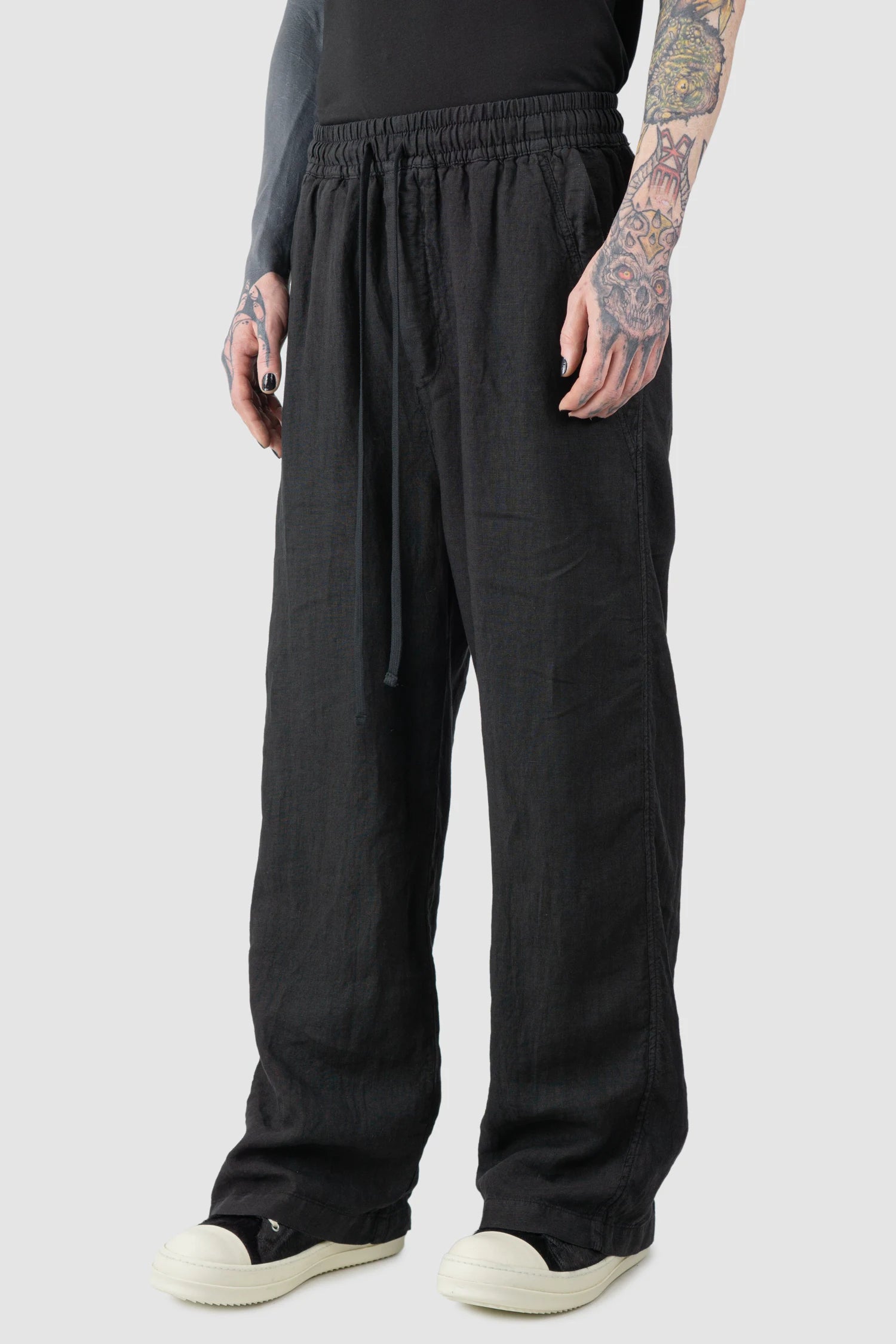 Black Woven Wide Leg Linen Trousers