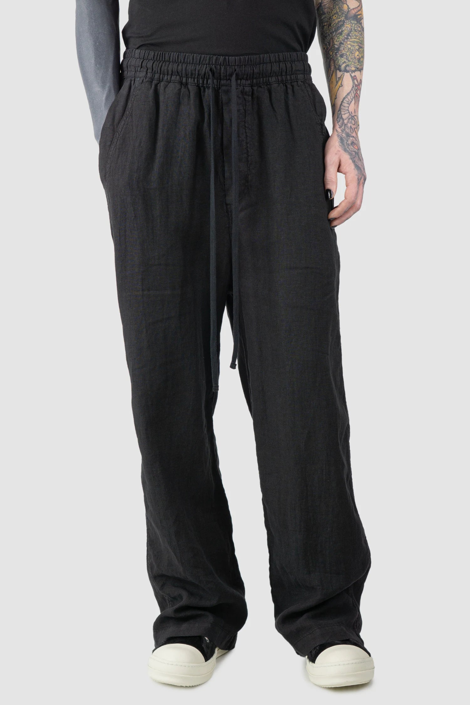Black Woven Wide Leg Linen Trousers