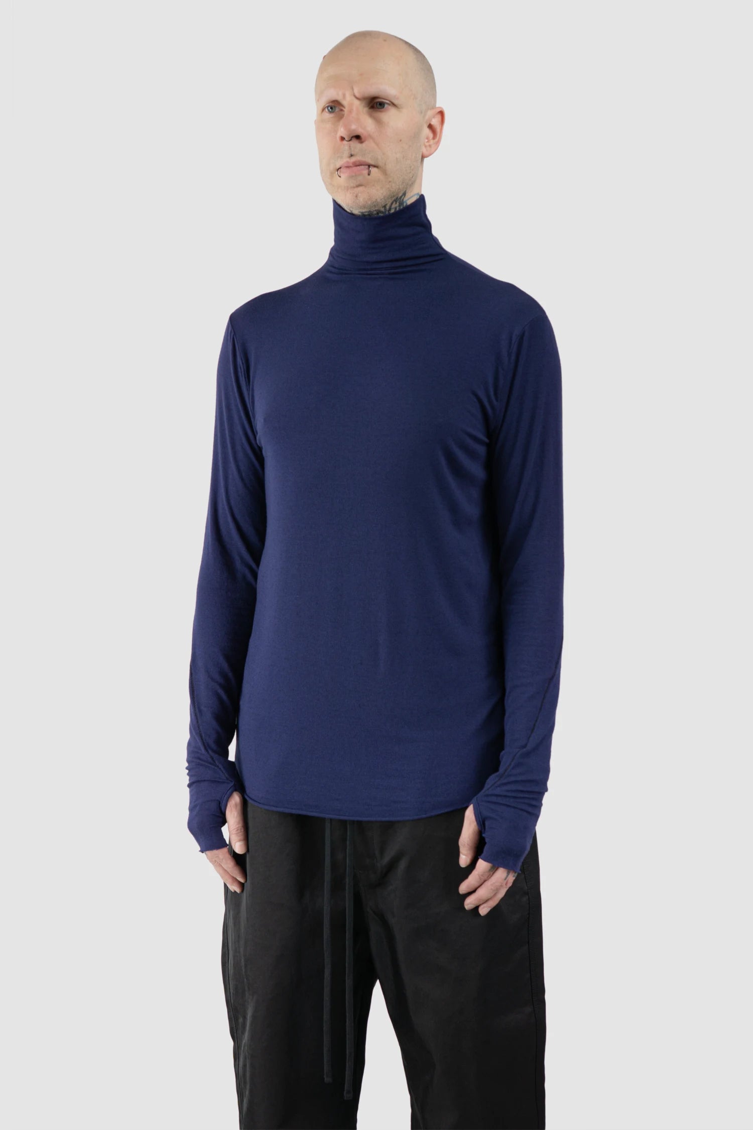 Thom Krom – Men's Blue Cashmere Blend Turtleneck Long Sleeve - model side view - MONO-KROM | Gallery