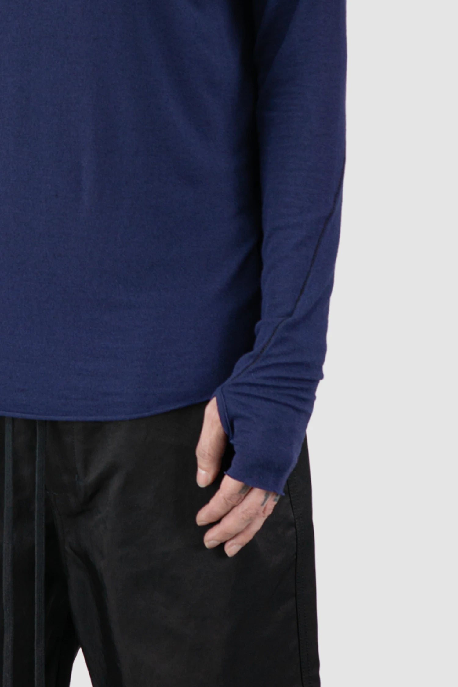 Thom Krom – Men's Blue Cashmere Blend Turtleneck Long Sleeve - thumbhole detail view