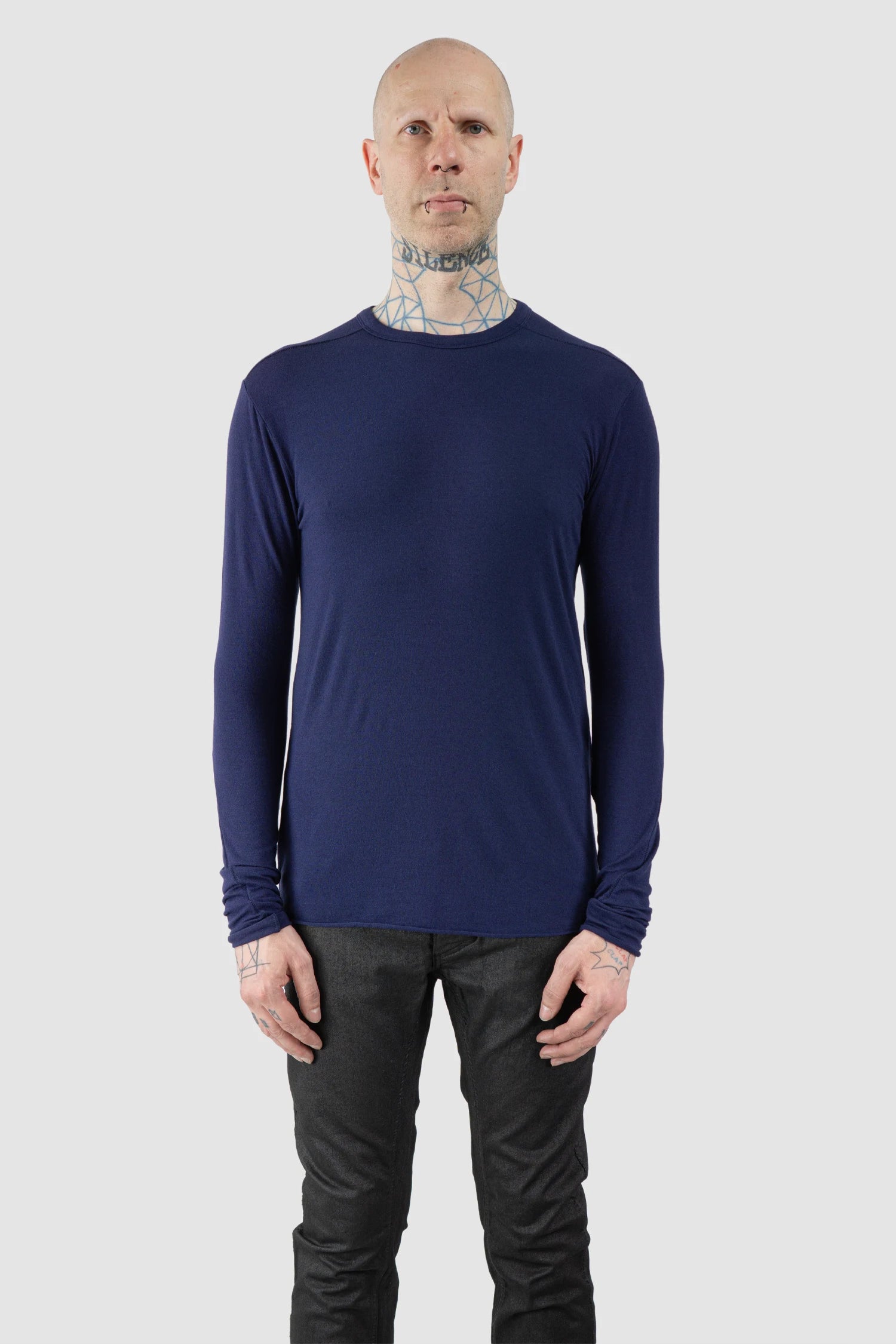 Thom Krom – Men's Blue Modal Cashmere Long Sleeve - model front view - MONO-KROM | Gallery