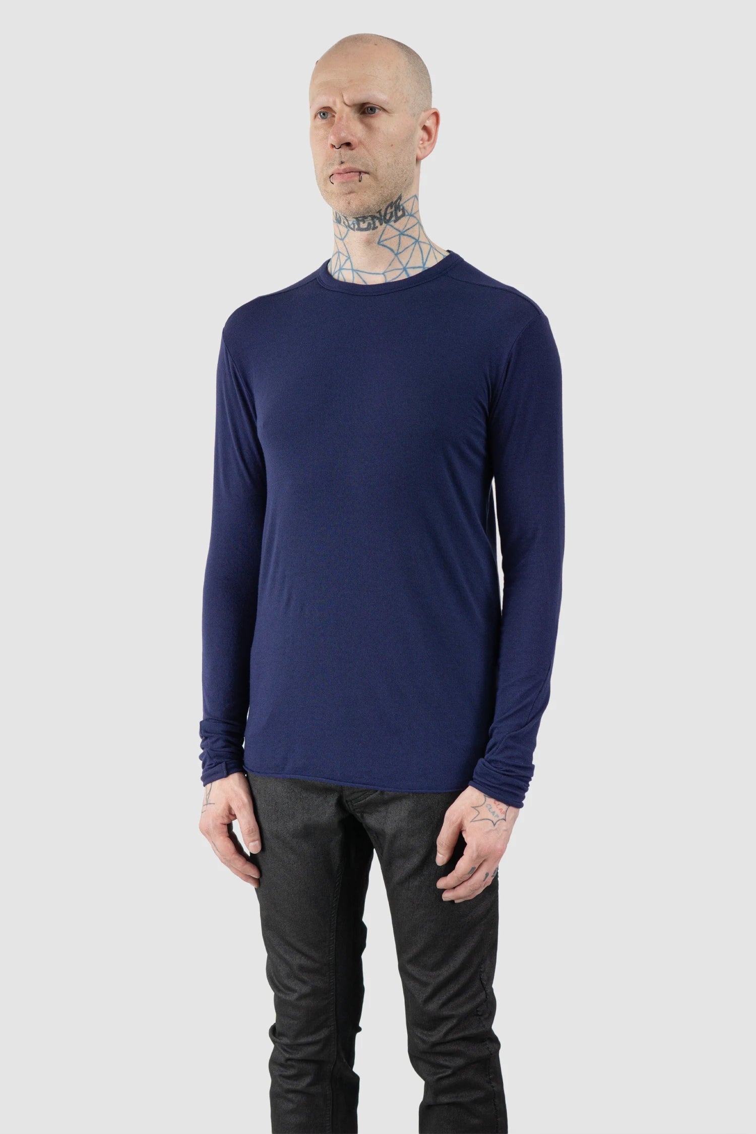 Thom Krom – Men's Blue Modal Cashmere Long Sleeve - model side view - MONO-KROM | Gallery