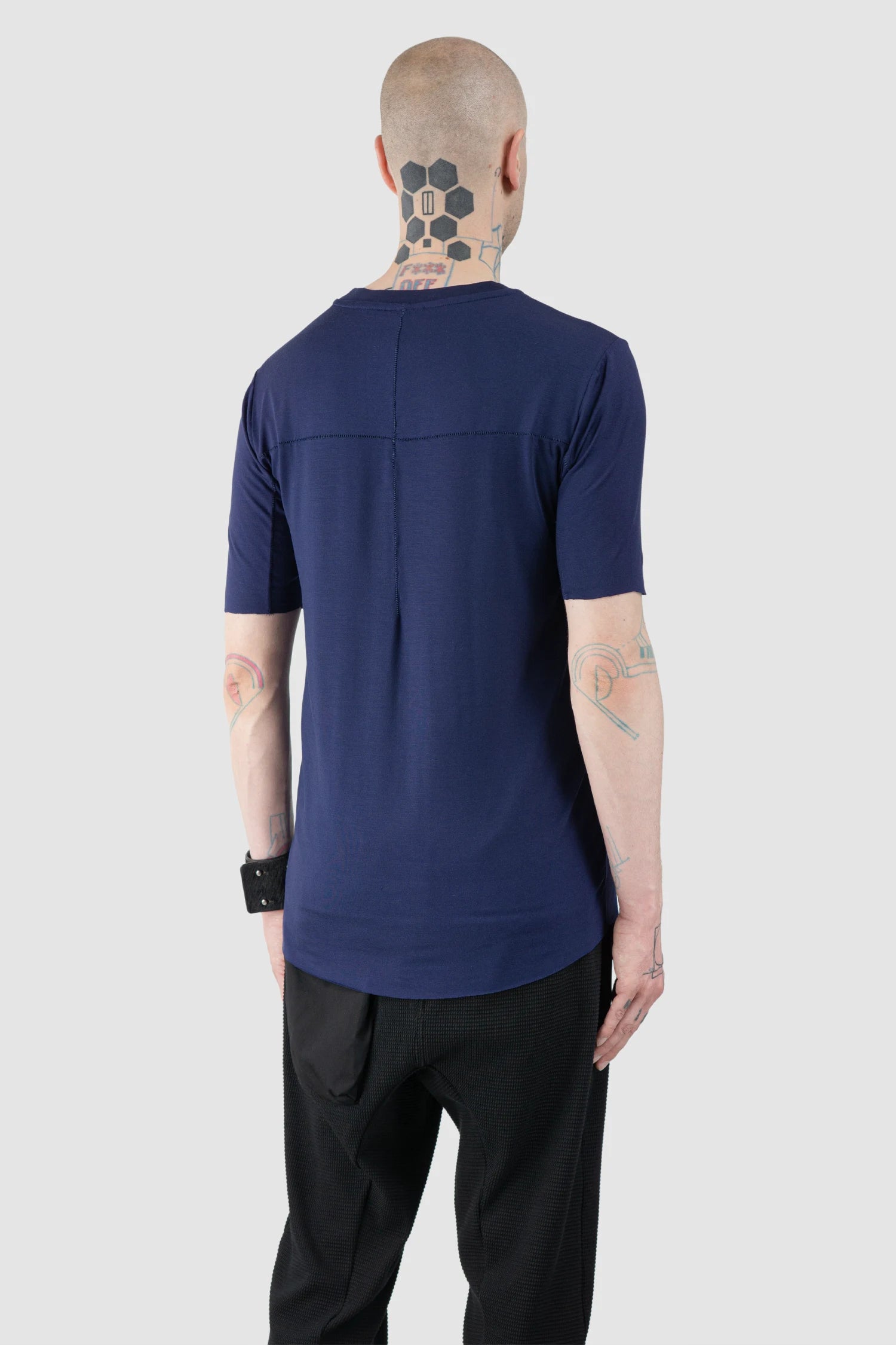 Thom Krom – Men's Blue Viscose Scar Stitch T-Shirt - model back side view