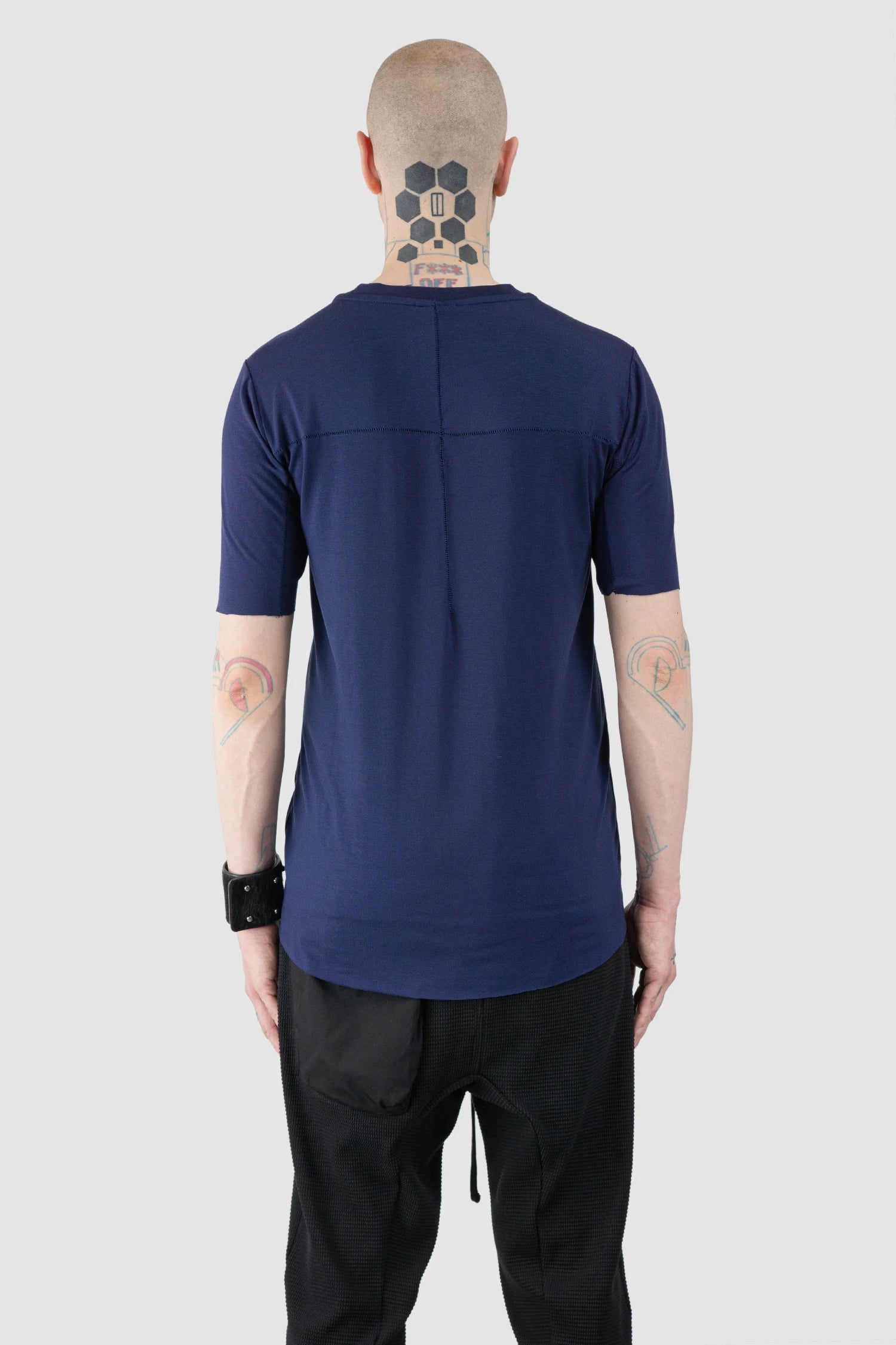 Thom Krom – Men's Blue Viscose Scar Stitch T-Shirt - model back view