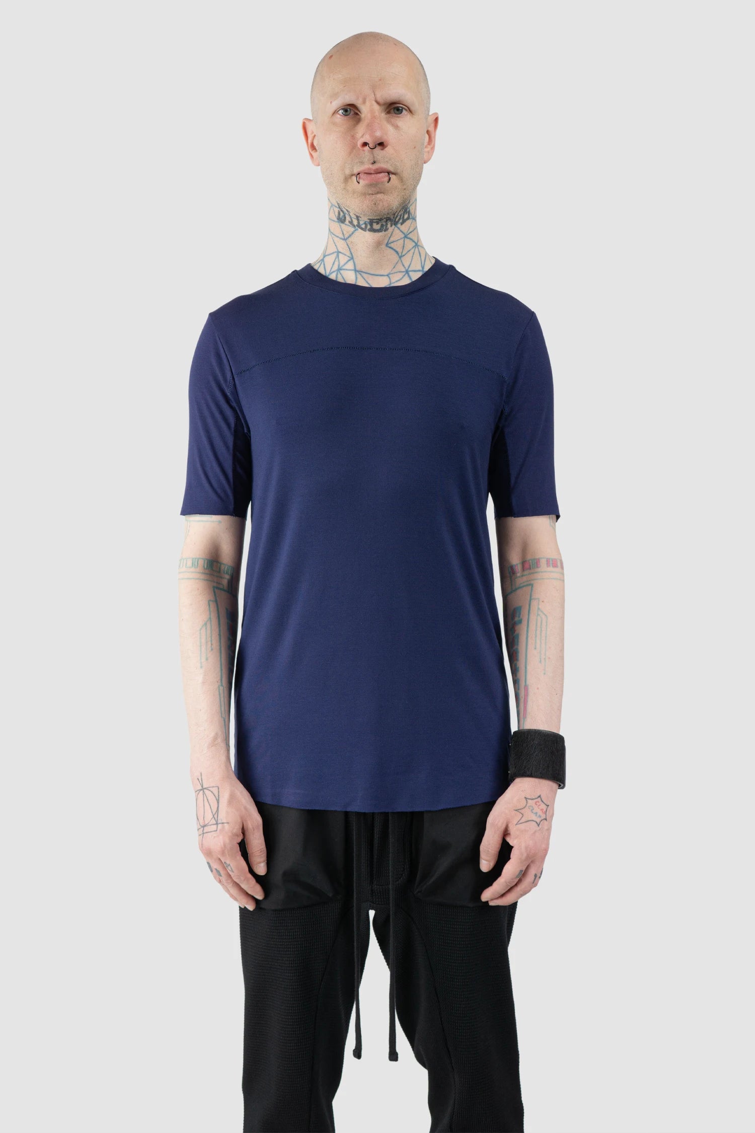 Thom Krom – Men's Blue Viscose Scar Stitch T-Shirt - model front view