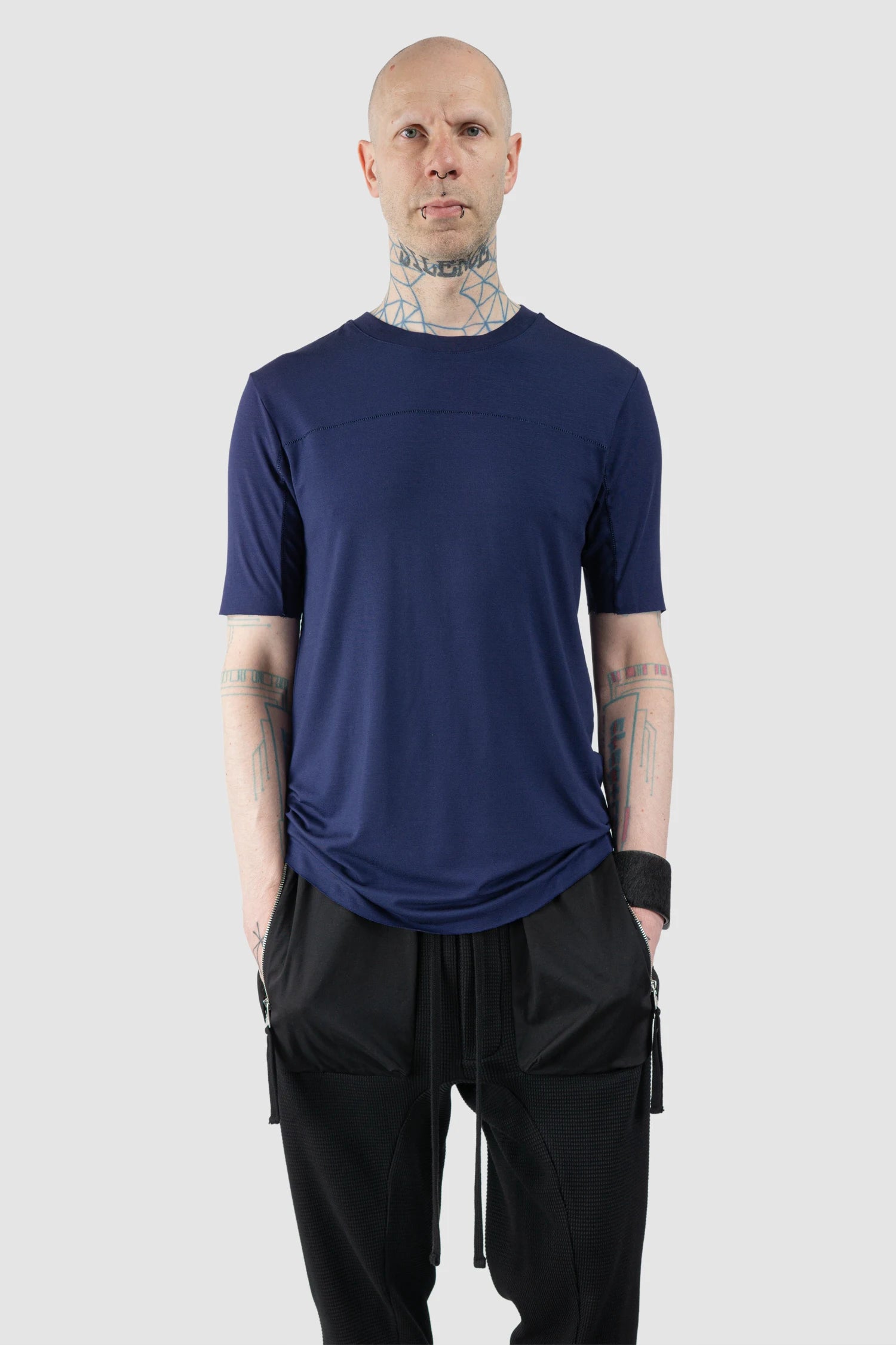 Thom Krom – Men's Blue Viscose Scar Stitch T-Shirt - model relaxed view