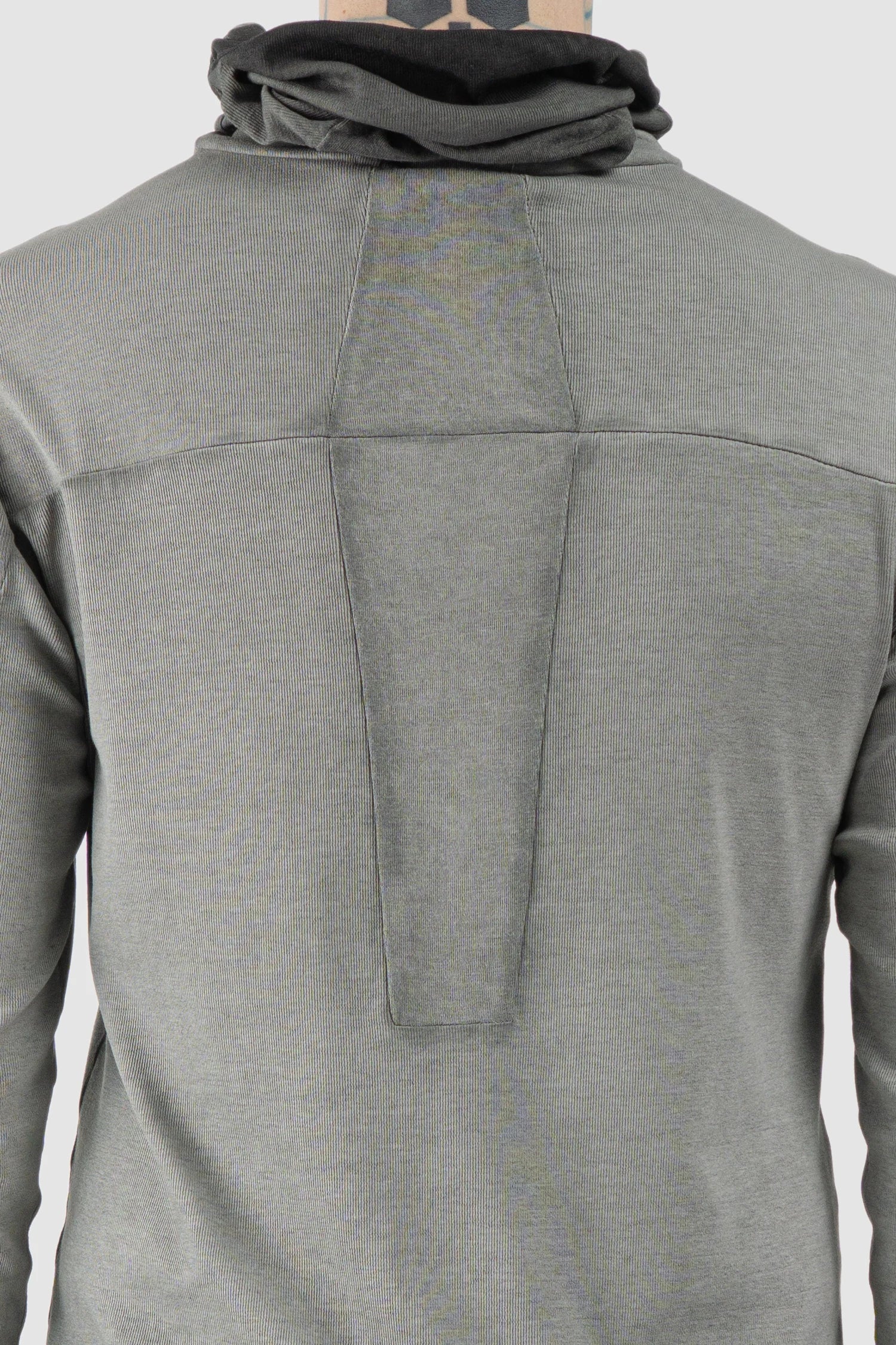 Thom Krom – Men's Cold Dye Grey Cotton Balaclava Hooded Long Sleeve - back detail view