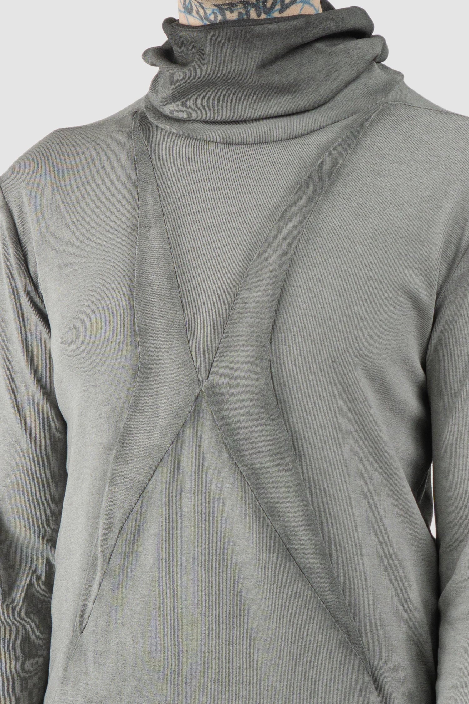 Thom Krom – Men's Cold Dye Grey Cotton Balaclava Hooded Long Sleeve - front detail view