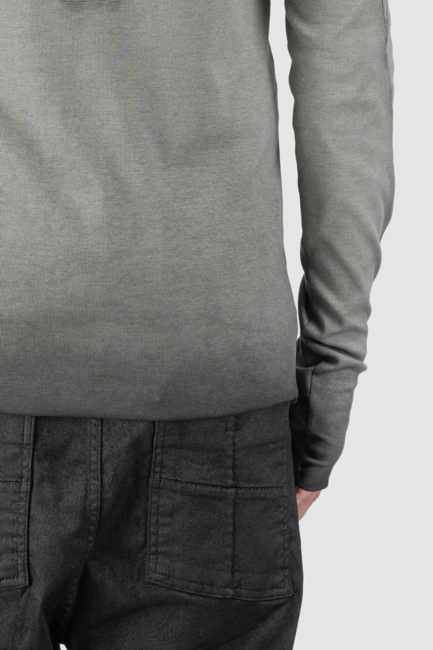 Thom Krom – Men's Cold Dye Grey Cotton Balaclava Hooded Long Sleeve - hem detail view