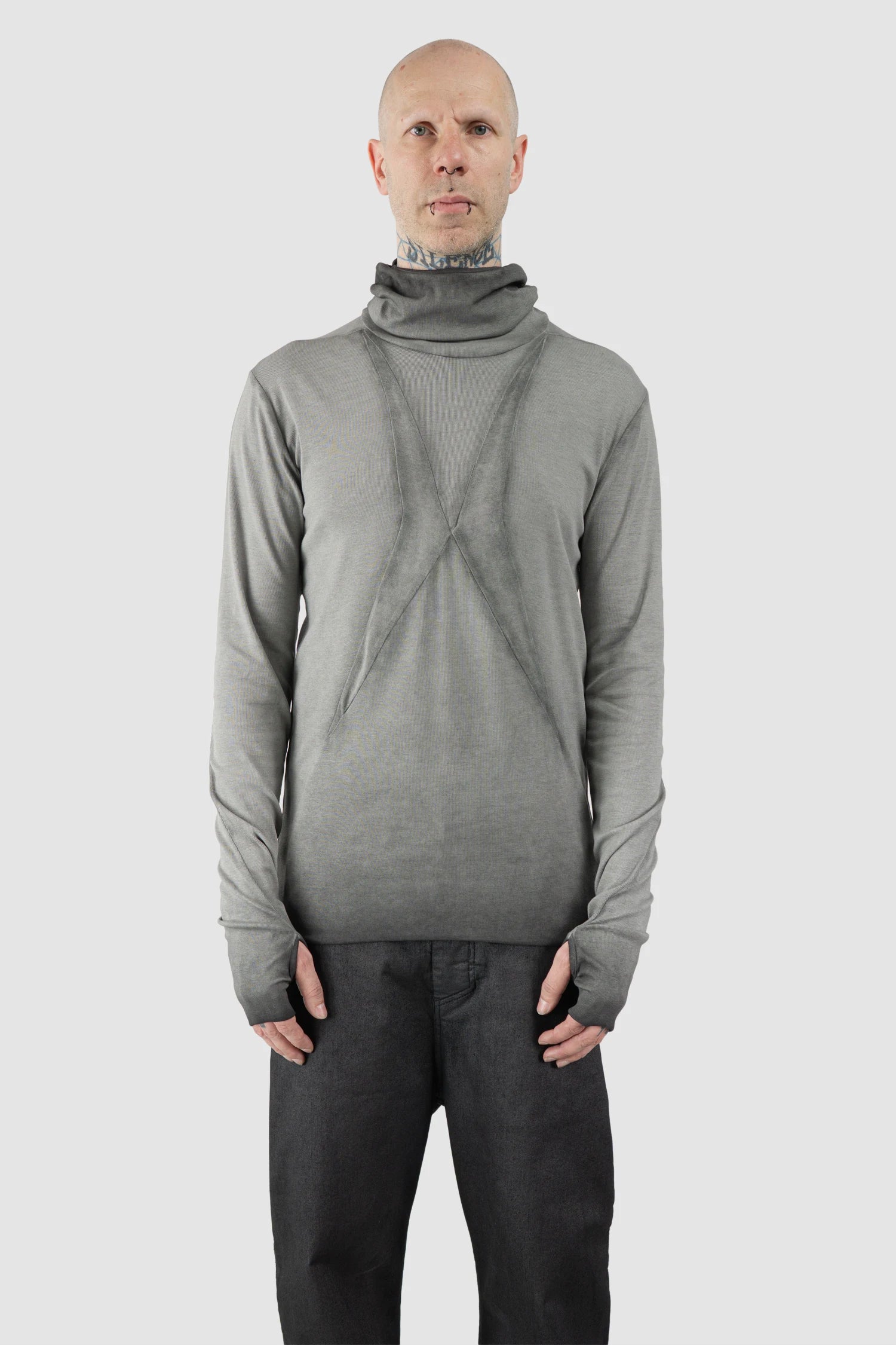 Thom Krom – Men's Cold Dye Grey Cotton Balaclava Hooded Long Sleeve - model front view - MONO-KROM | Gallery