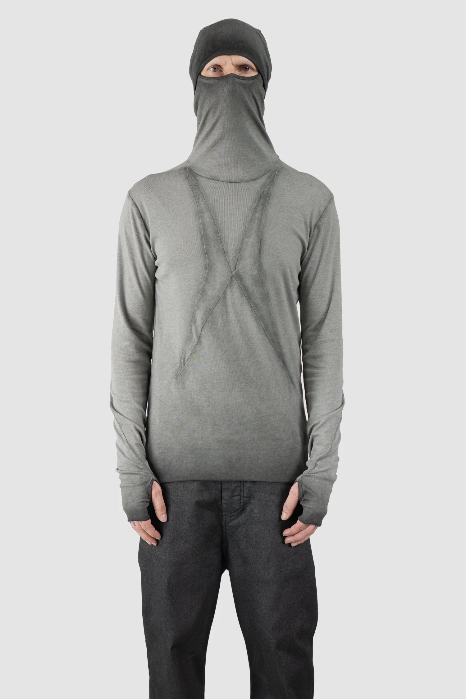 Thom Krom – Men's Cold Dye Grey Cotton Balaclava Hooded Long Sleeve - model hooded front view