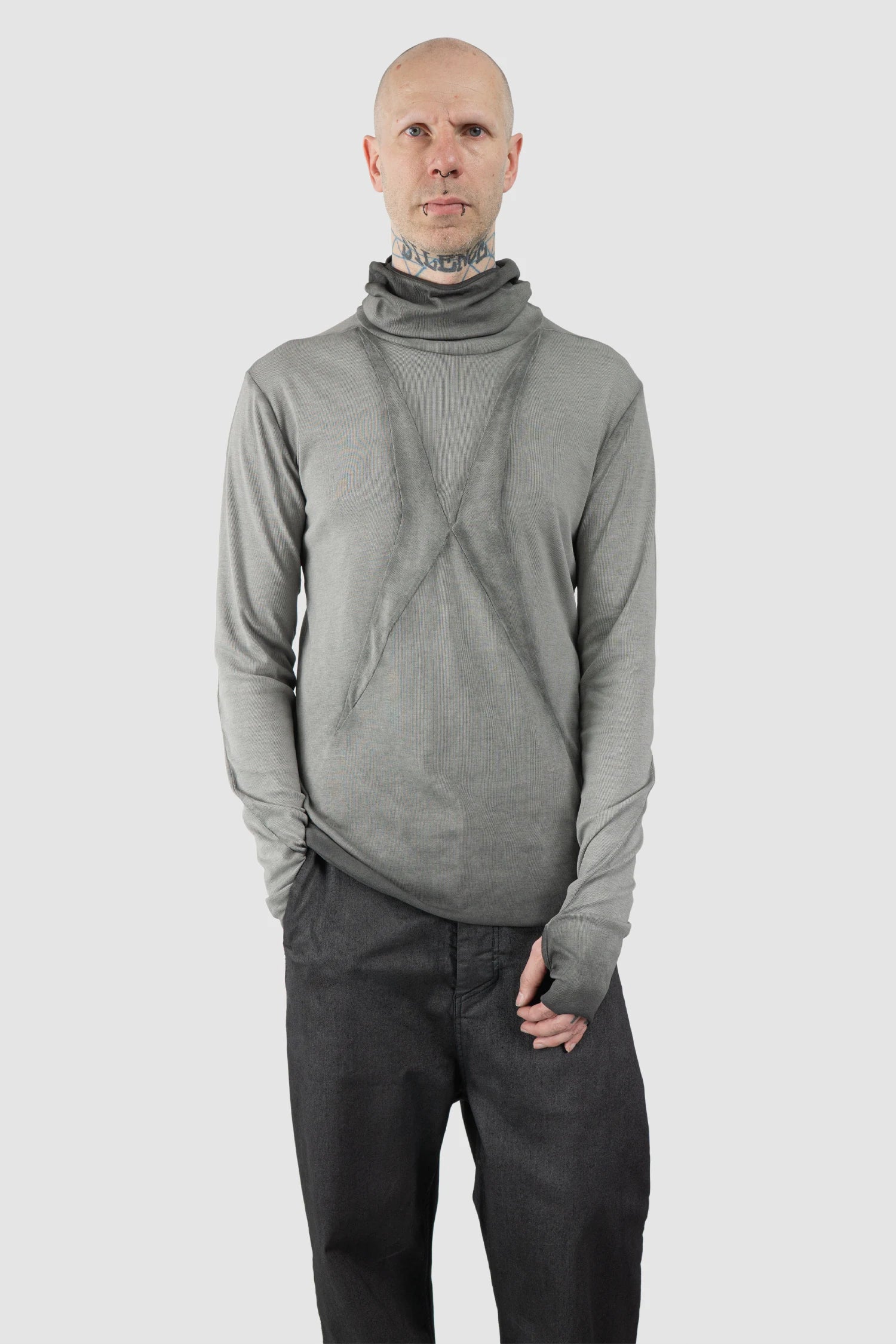Thom Krom – Men's Cold Dye Grey Cotton Balaclava Hooded Long Sleeve - model relaxed view