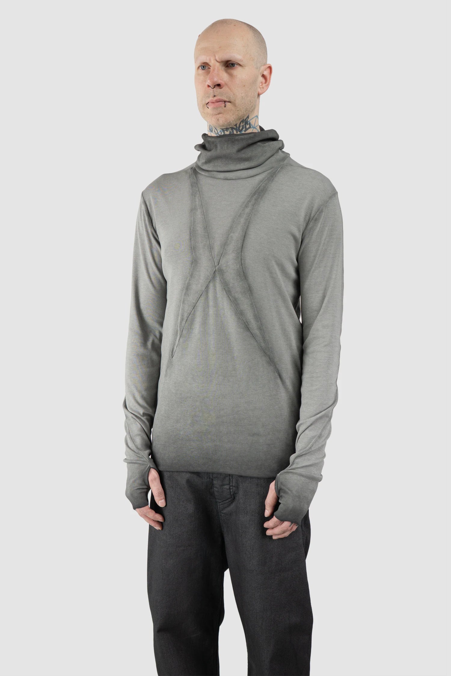 Thom Krom – Men's Cold Dye Grey Cotton Balaclava Hooded Long Sleeve - model side view