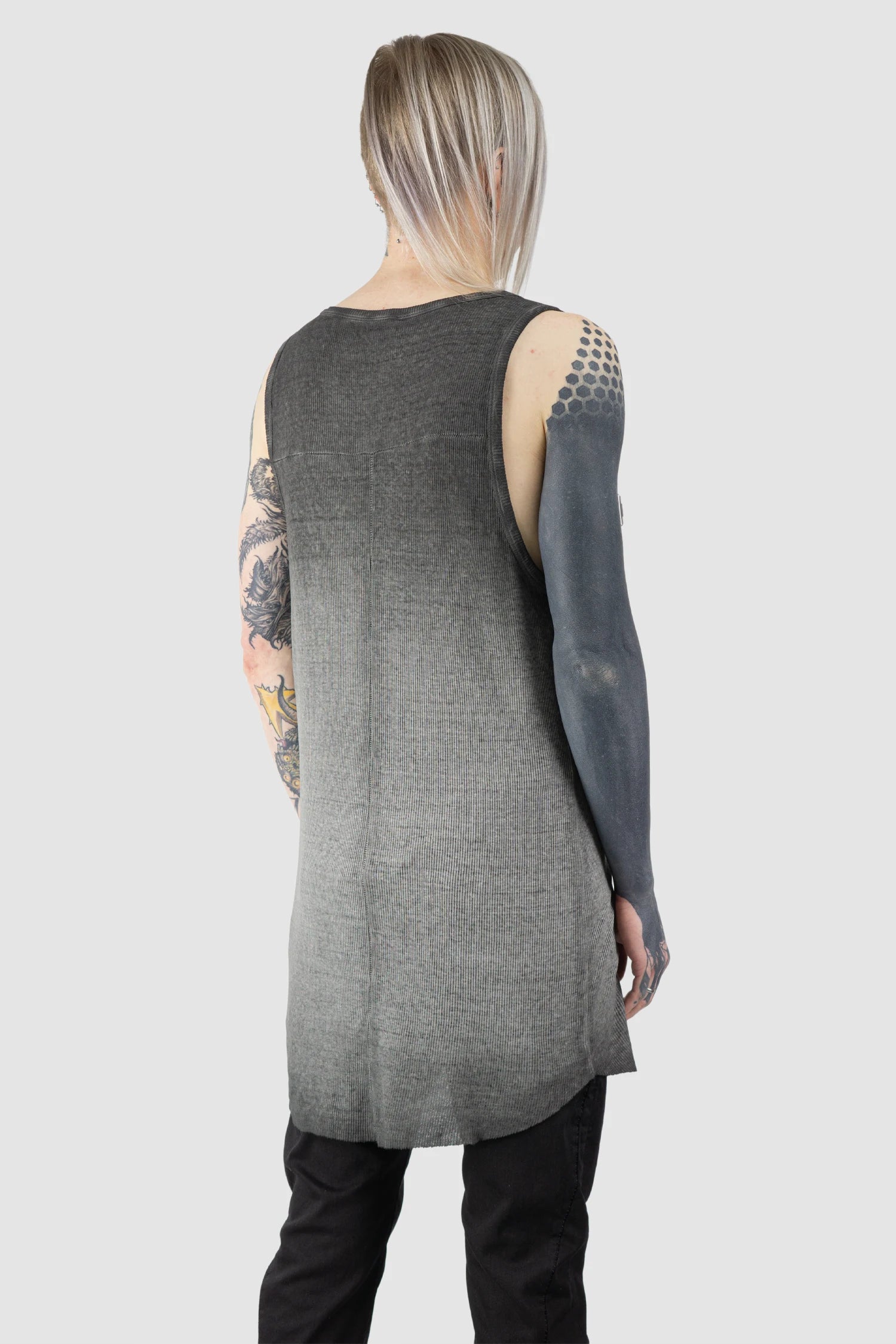 Thom Krom - Men’s Grey Object Dyed Cotton-Linen Rib Tank Top M-TS-947 model back side view