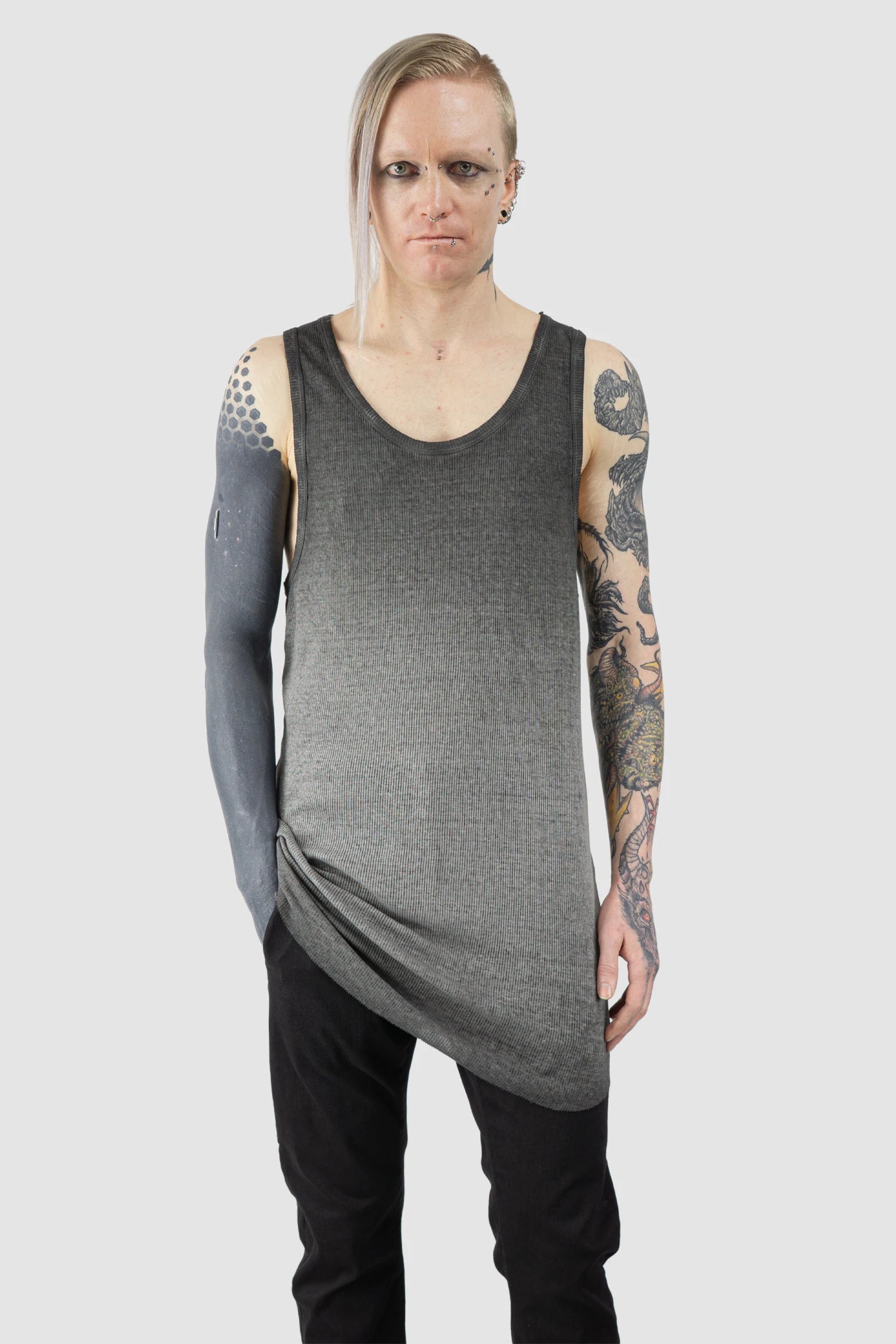 Thom Krom - Men’s Grey Object Dyed Cotton-Linen Rib Tank Top M-TS-947 model front relaxed view