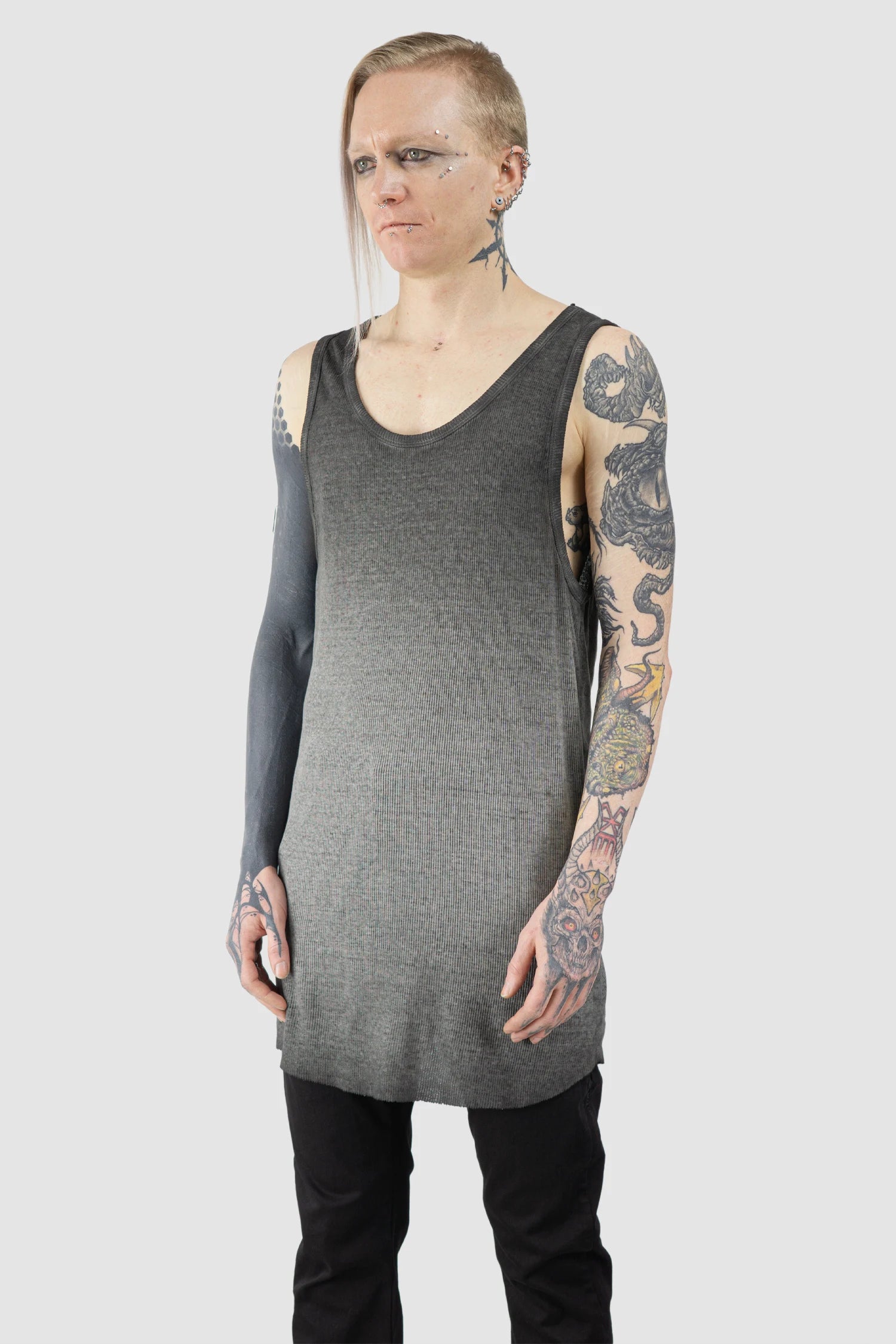 Thom Krom - Men’s Grey Object Dyed Cotton-Linen Rib Tank Top M-TS-947 model front side view
