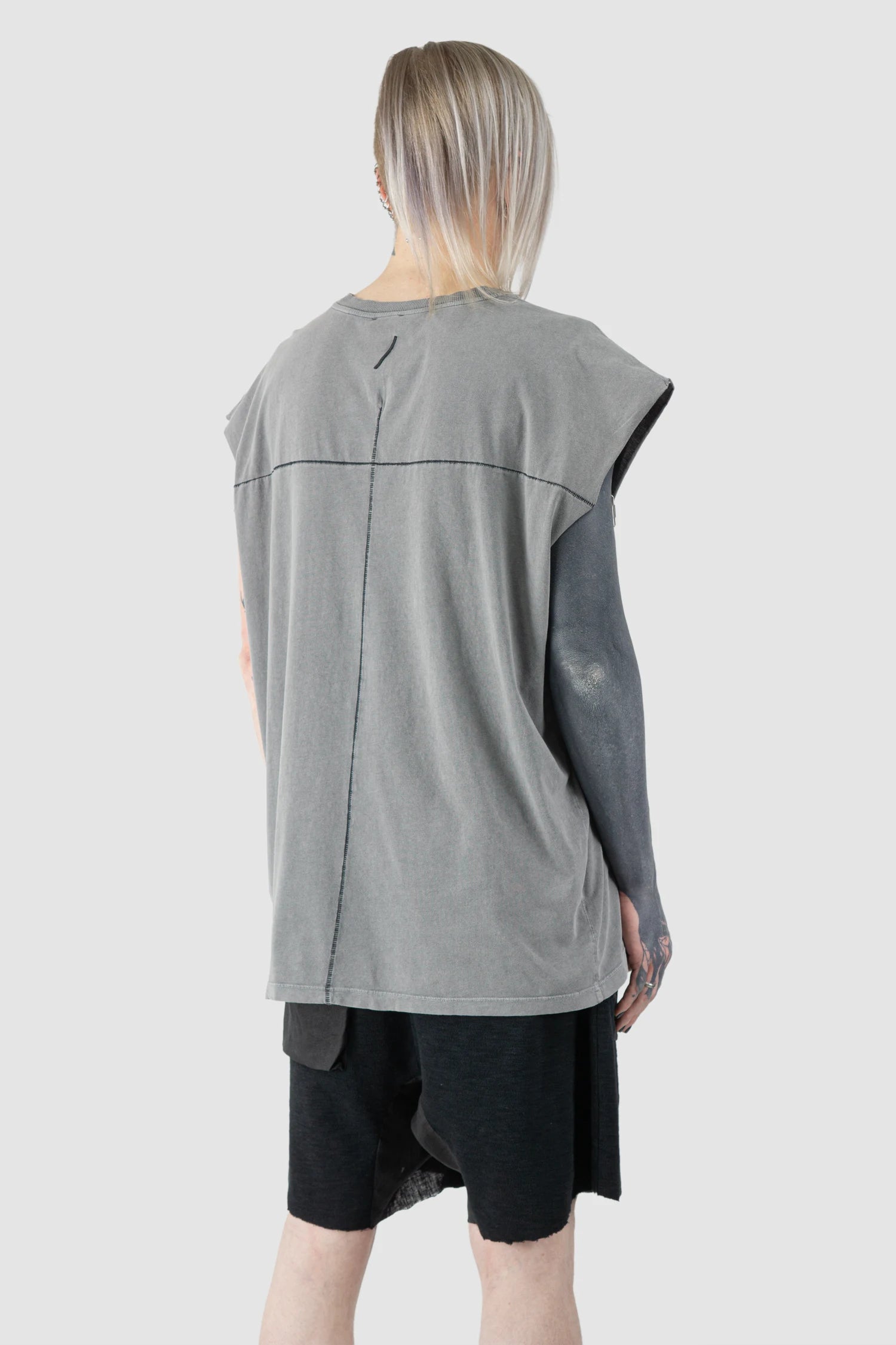 Thom Krom - Men’s Grey Oversized Round Neck Tank Top M-TS-925 model back side view