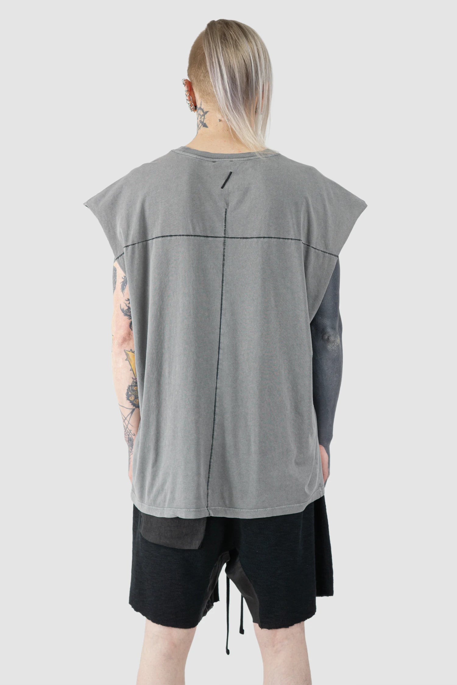 Thom Krom - Men’s Grey Oversized Round Neck Tank Top M-TS-925 model back view