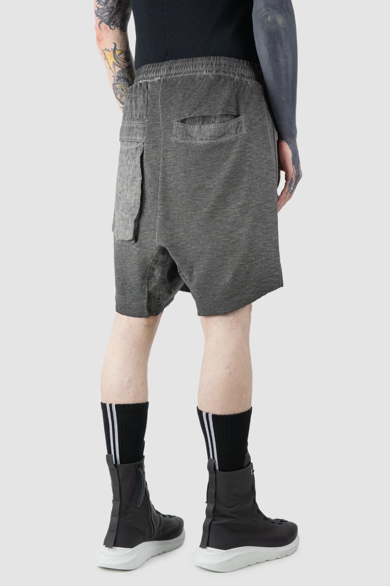 Thom Krom - Men’s Grey Patch Pocket Cotton Cargo Shorts M-ST-515 model back side view