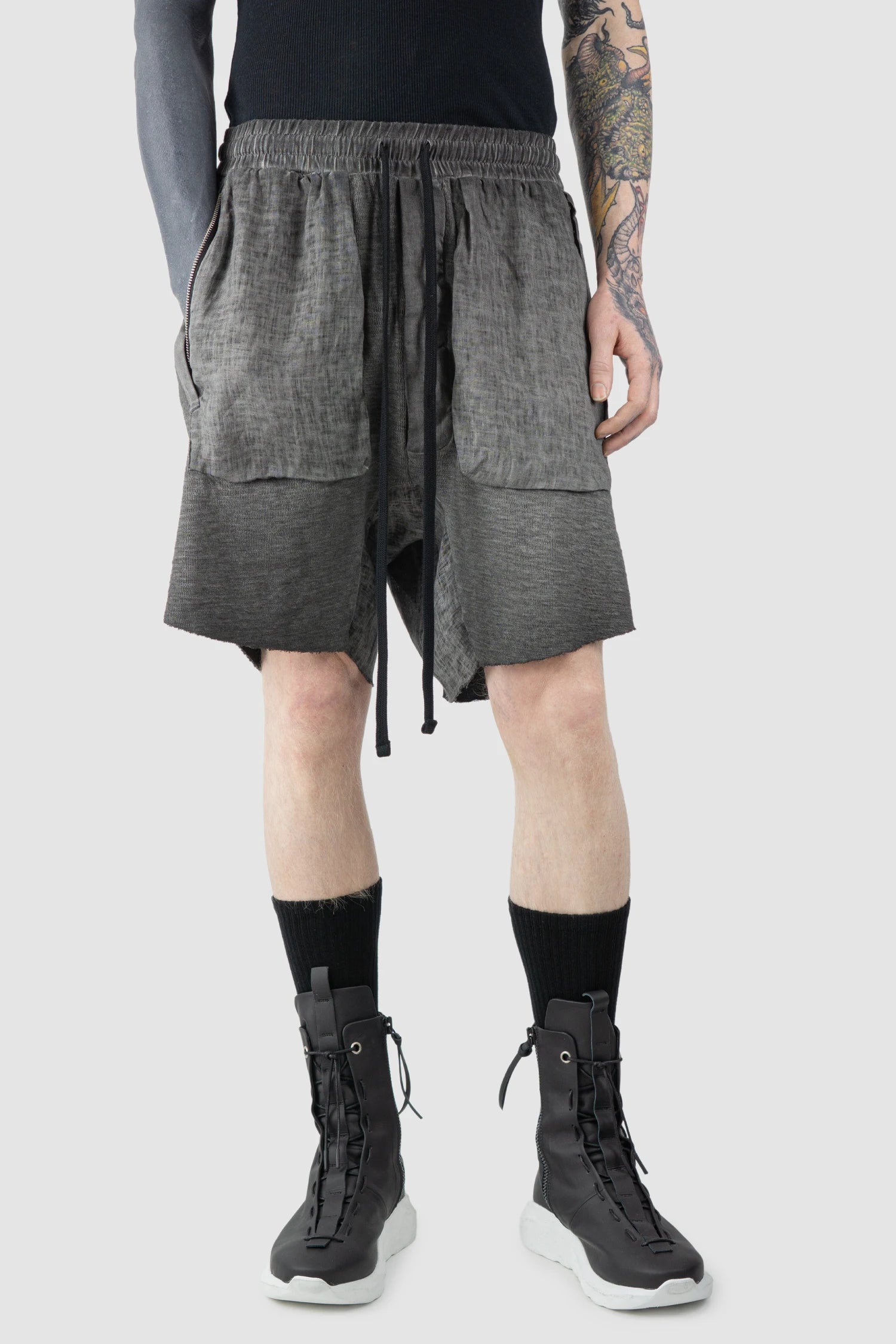 Thom Krom - Men’s Grey Patch Pocket Cotton Cargo Shorts M-ST-515 model front relaxed view