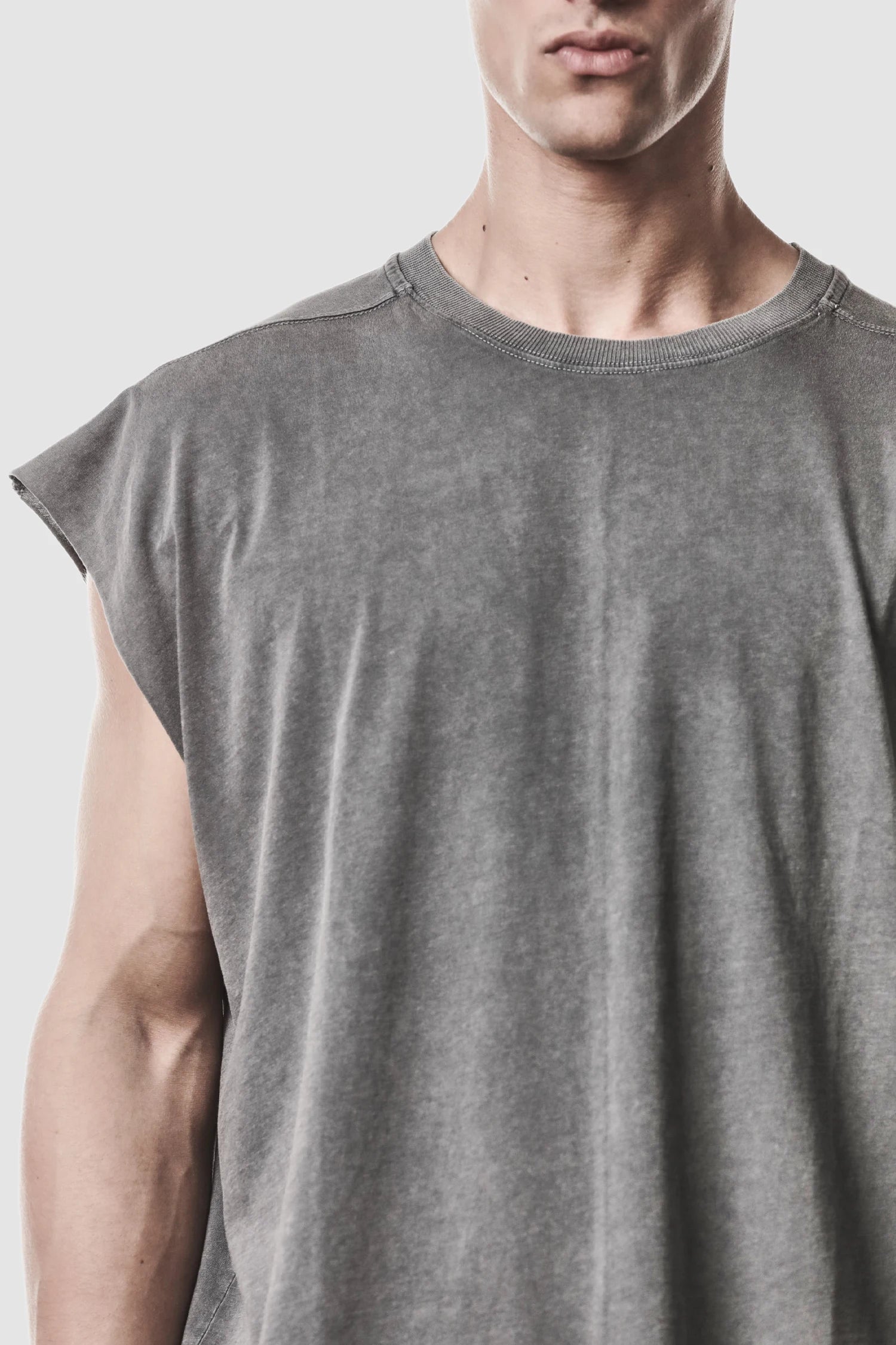 Thom Krom - model front detail view of men’s Grey Oversized Round Neck Tank Top
