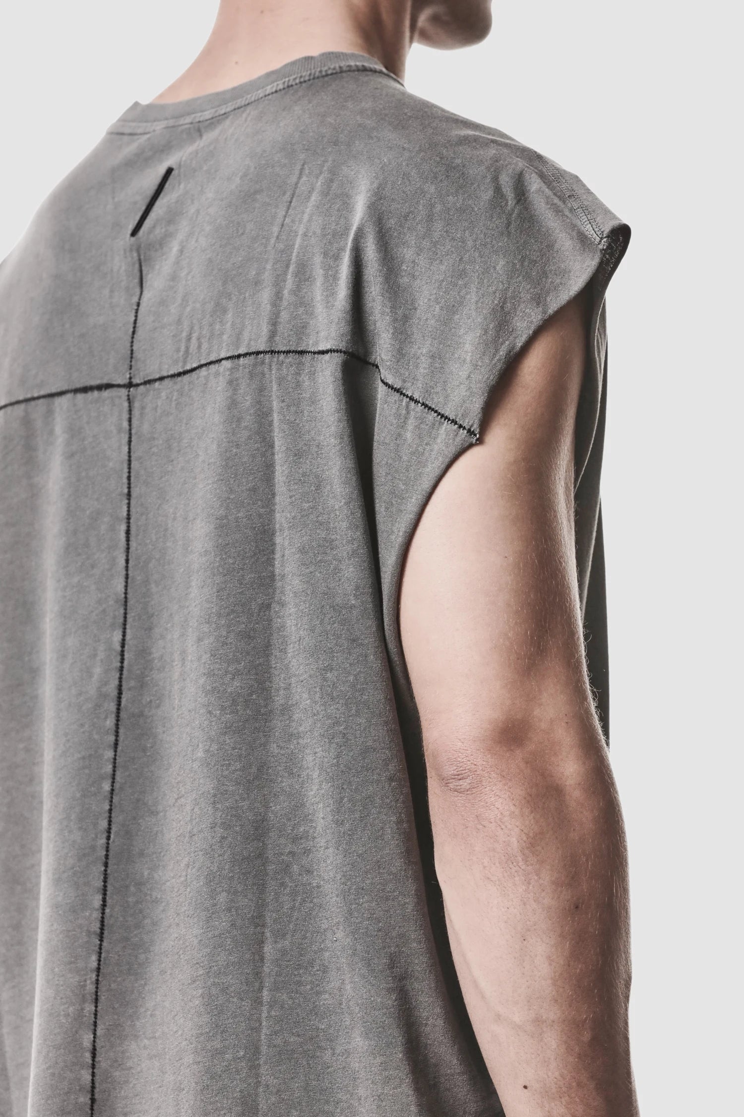 Thom Krom - model back side detail view of men’s Grey Oversized Round Neck Tank Top