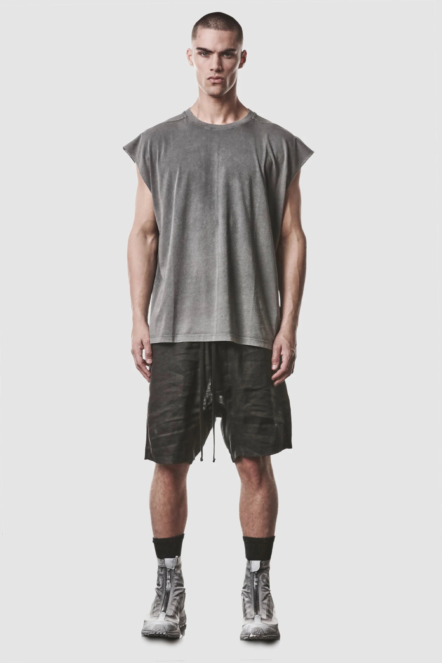 Thom Krom - model front full view of men’s Grey Oversized Round Neck Tank Top