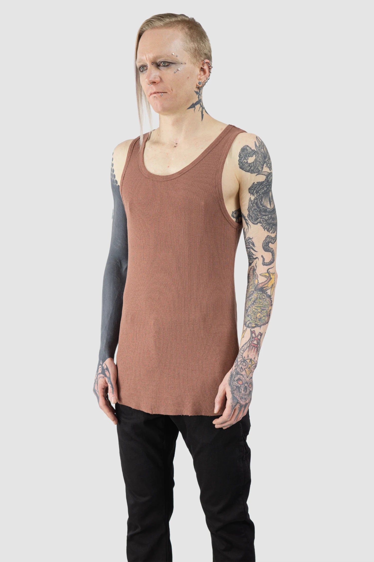 Thom Krom - Men’s Red Cotton-Linen Rib Singlet Tank Top M-TS-947 model front side view