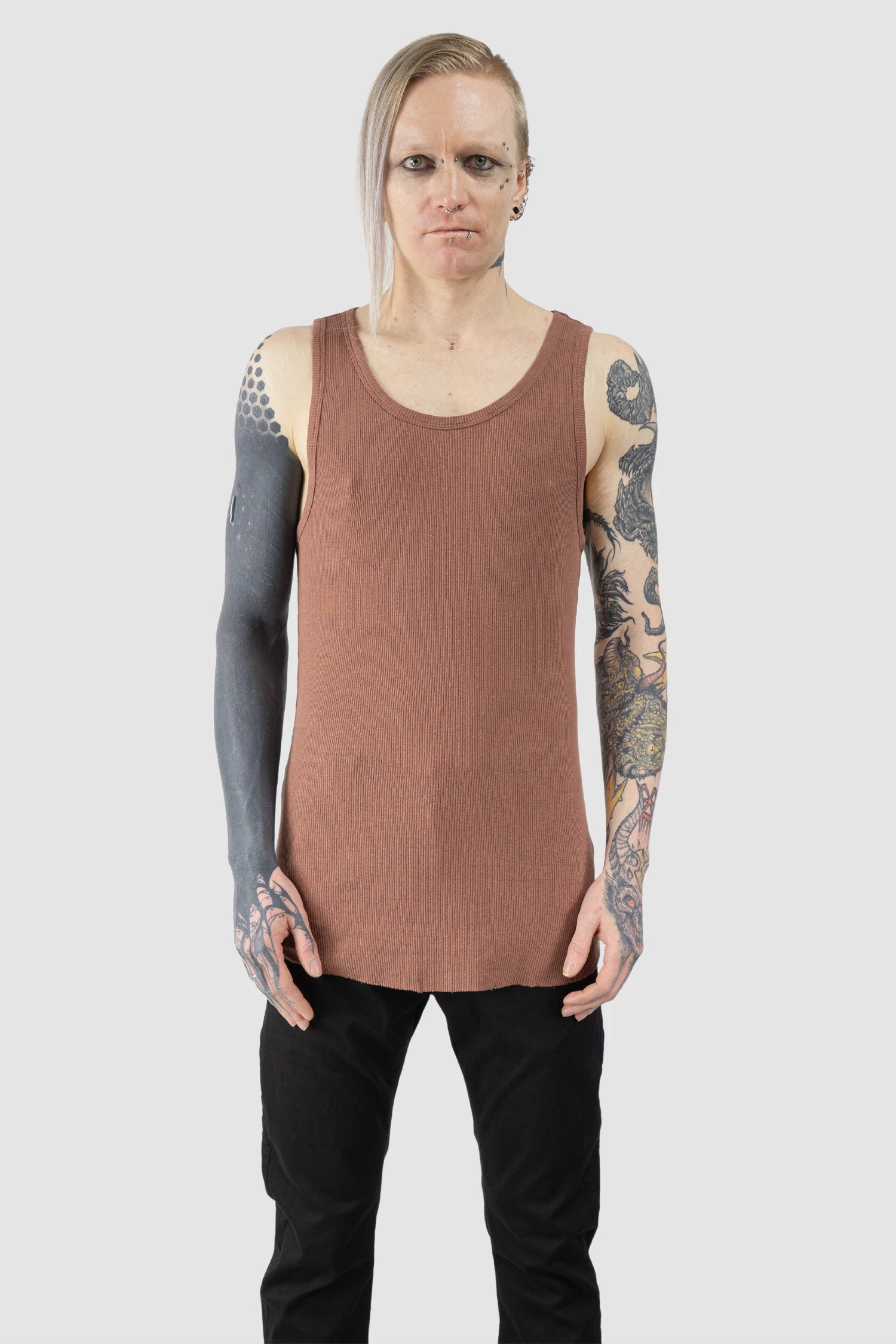 Thom Krom - Men’s Red Cotton-Linen Rib Singlet Tank Top M-TS-947 model front view