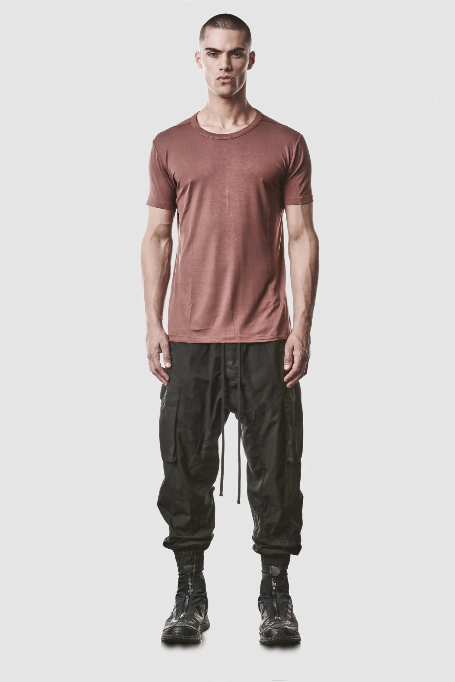 Thom Krom - model front full view of men’s Red Modal Stretch Jersey T-Shirt