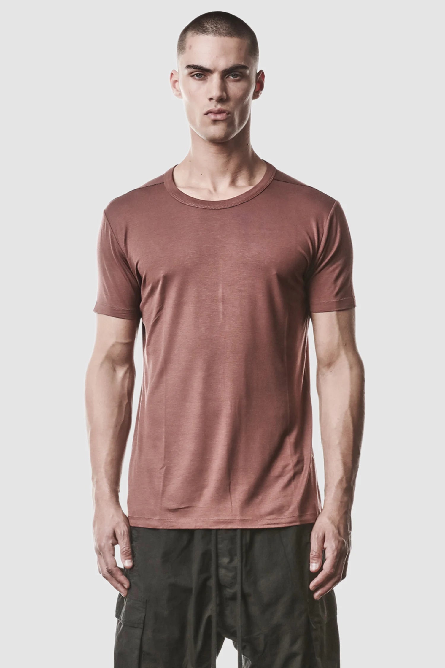 Thom Krom - model front view of men’s Red Modal Stretch Jersey T-Shirt